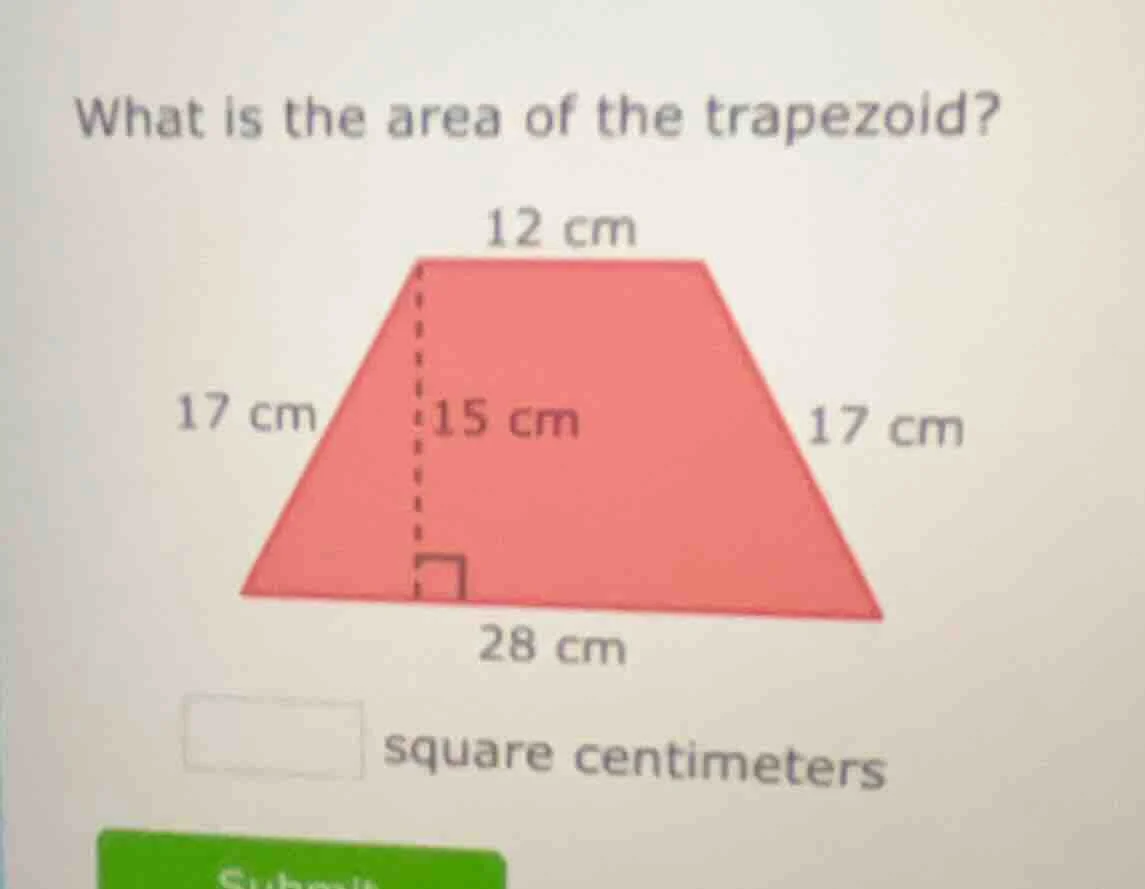 what is the area of the trapezoid? 12 cm, 17 cm, 15 cm, 17 cm, 28 cm, s…