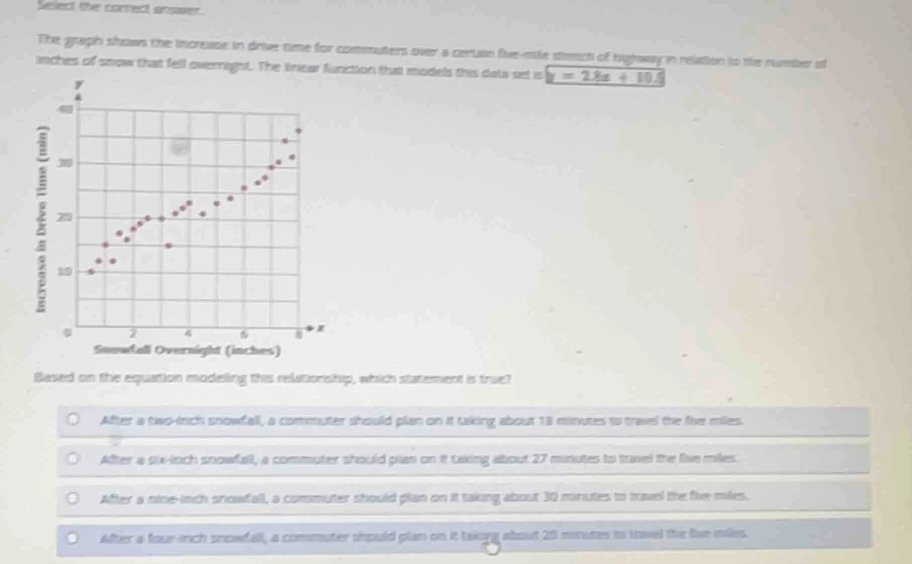select the correct answer. the graph shows the increase in drive time f…