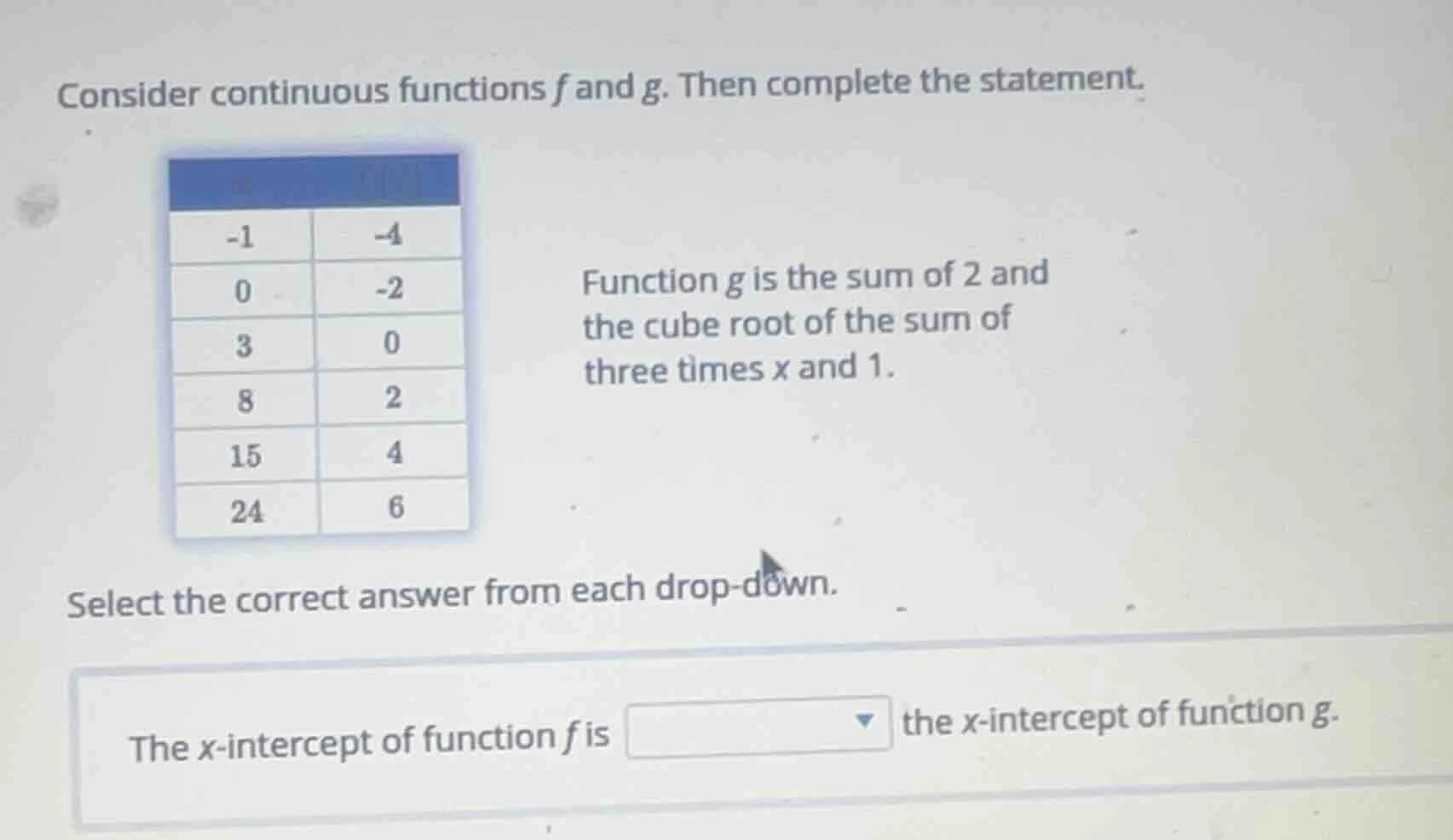 consider continuous functions f and g. then complete the statement. fun…