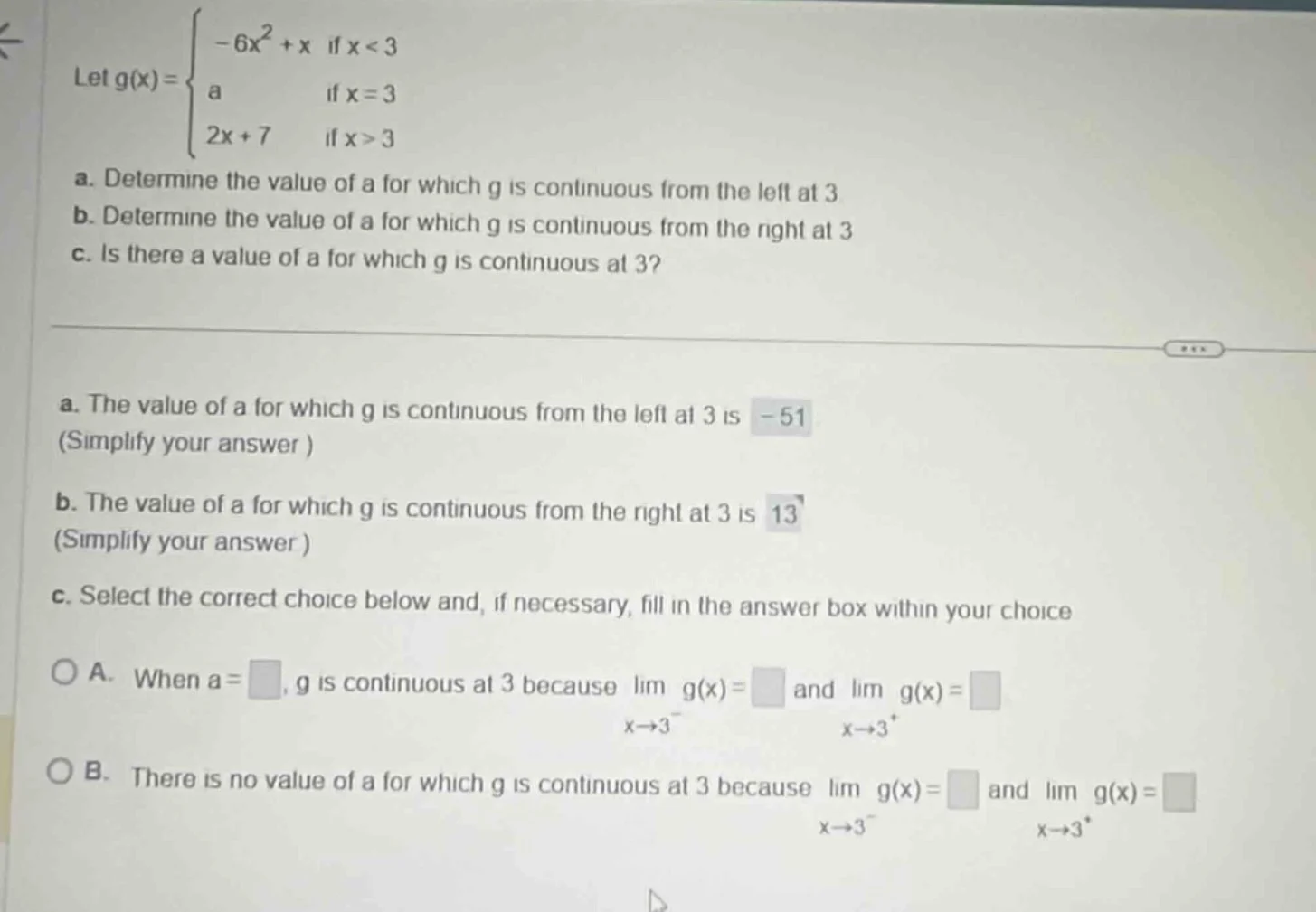 let $g(x)=\\begin{cases}-6x^2 + x & \\text{if } x < 3 \\\\ a & \\text{i…