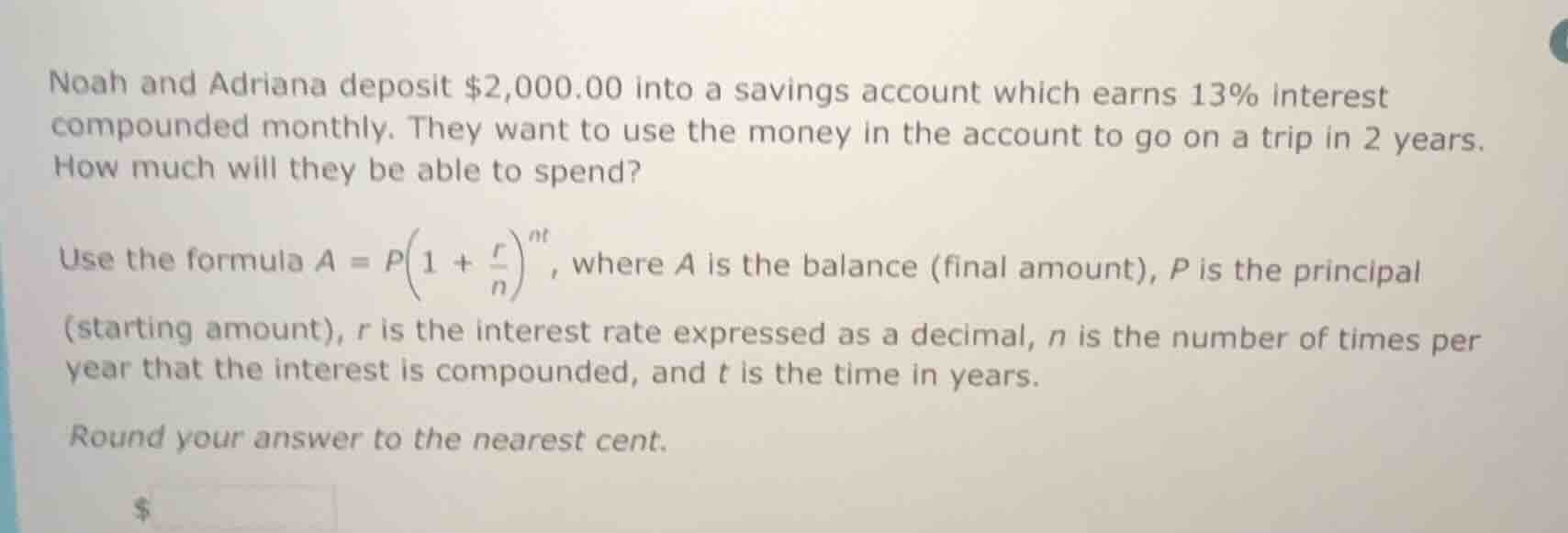 noah and adriana deposit $2,000.00 into a savings account which earns 1…