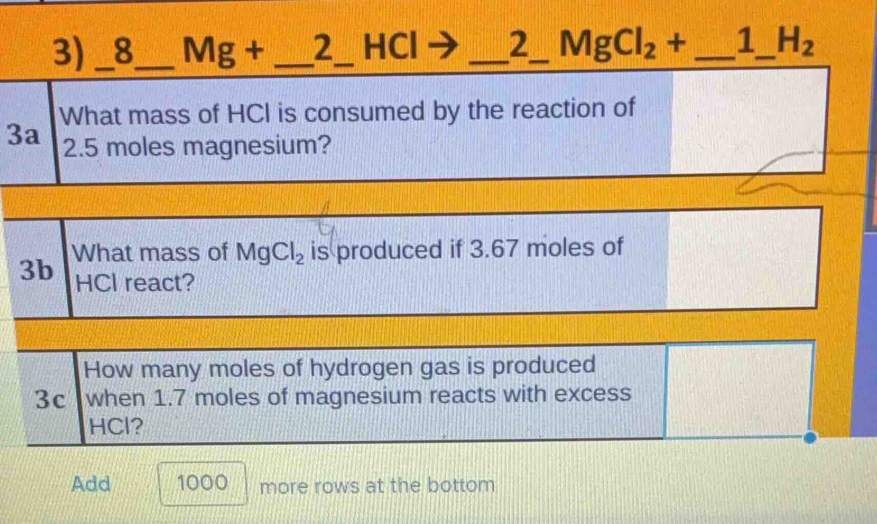 3) _8_ mg + _2_ hcl → _2_ mgcl₂ + _1_ h₂\ 3a what mass of hcl is consum…