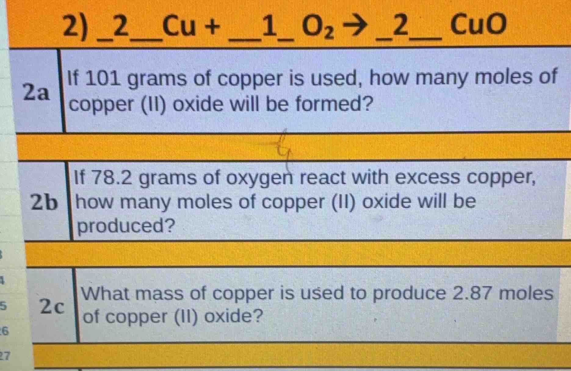 2) _2_ cu + _1_ o₂ → _2_ cuo 2a if 101 grams of copper is used, how man…