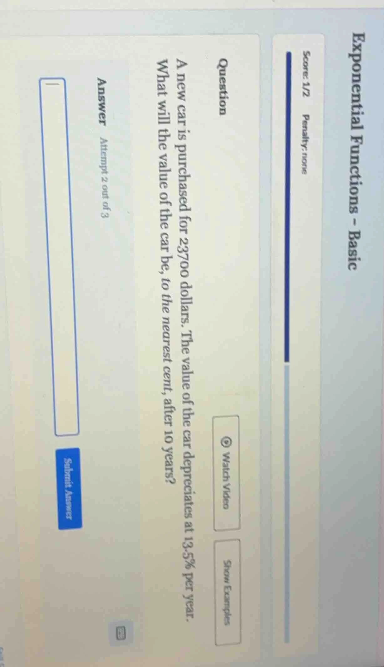 question a new car is purchased for 23700 dollars. the value of the car…