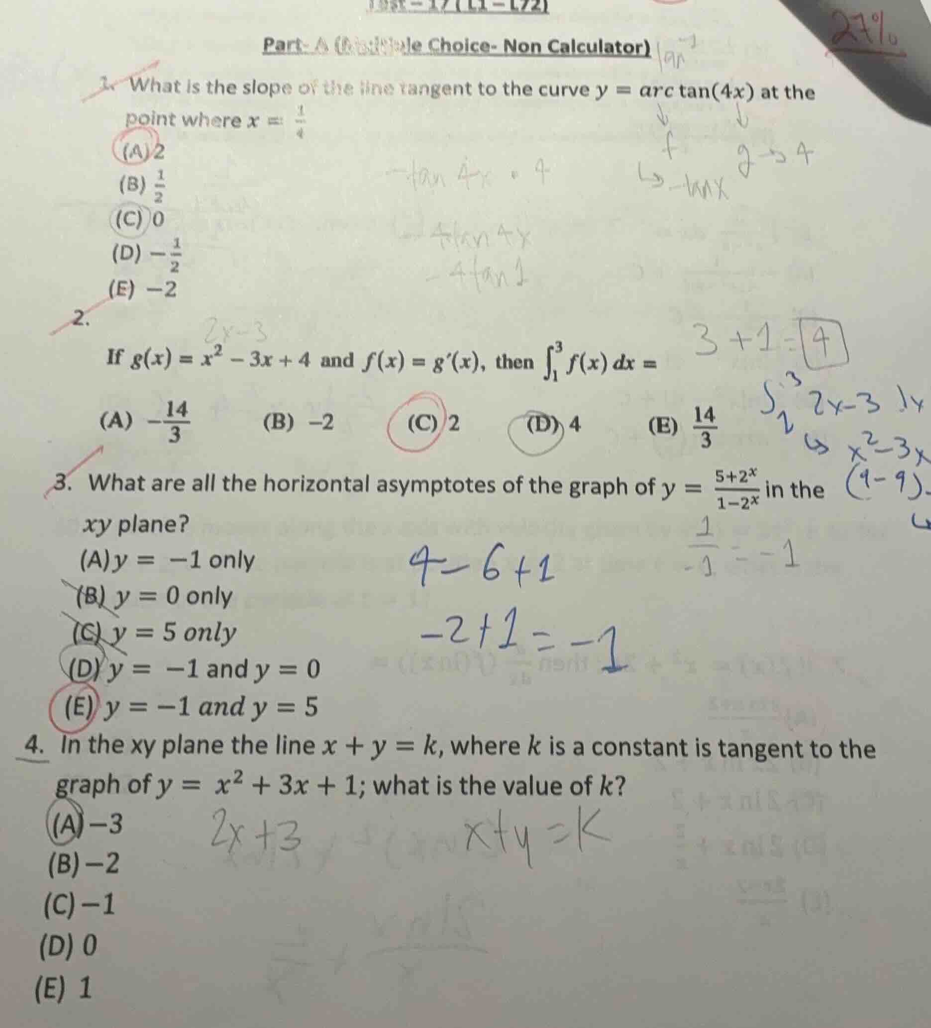 part - a (multiple choice - non calculator) 1. what is the slope of the…