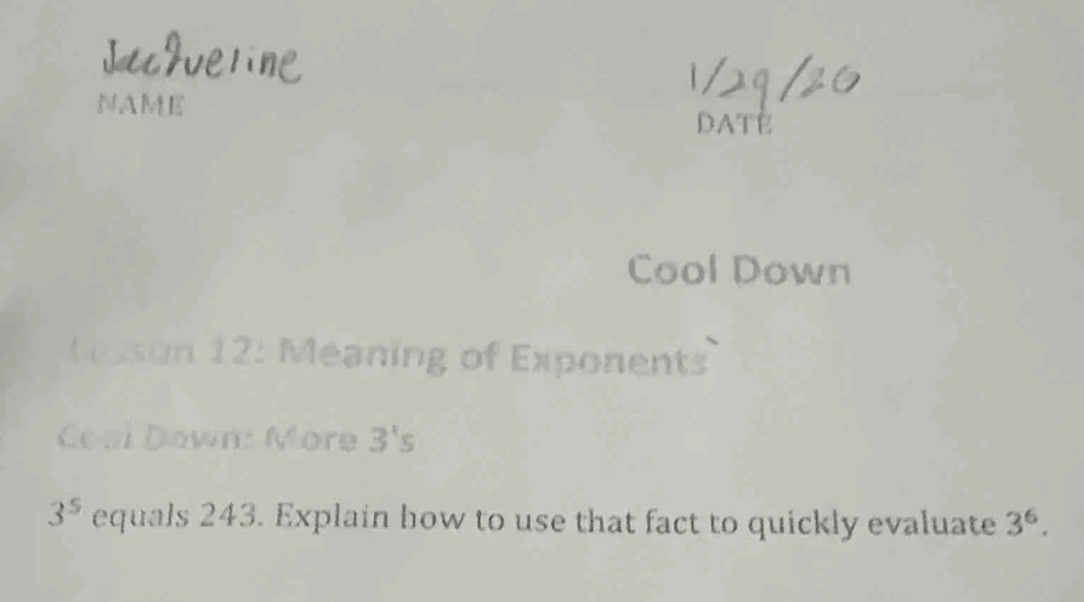 name jacqueline date 1/29/20 cool down lesson 12: meaning of exponents …