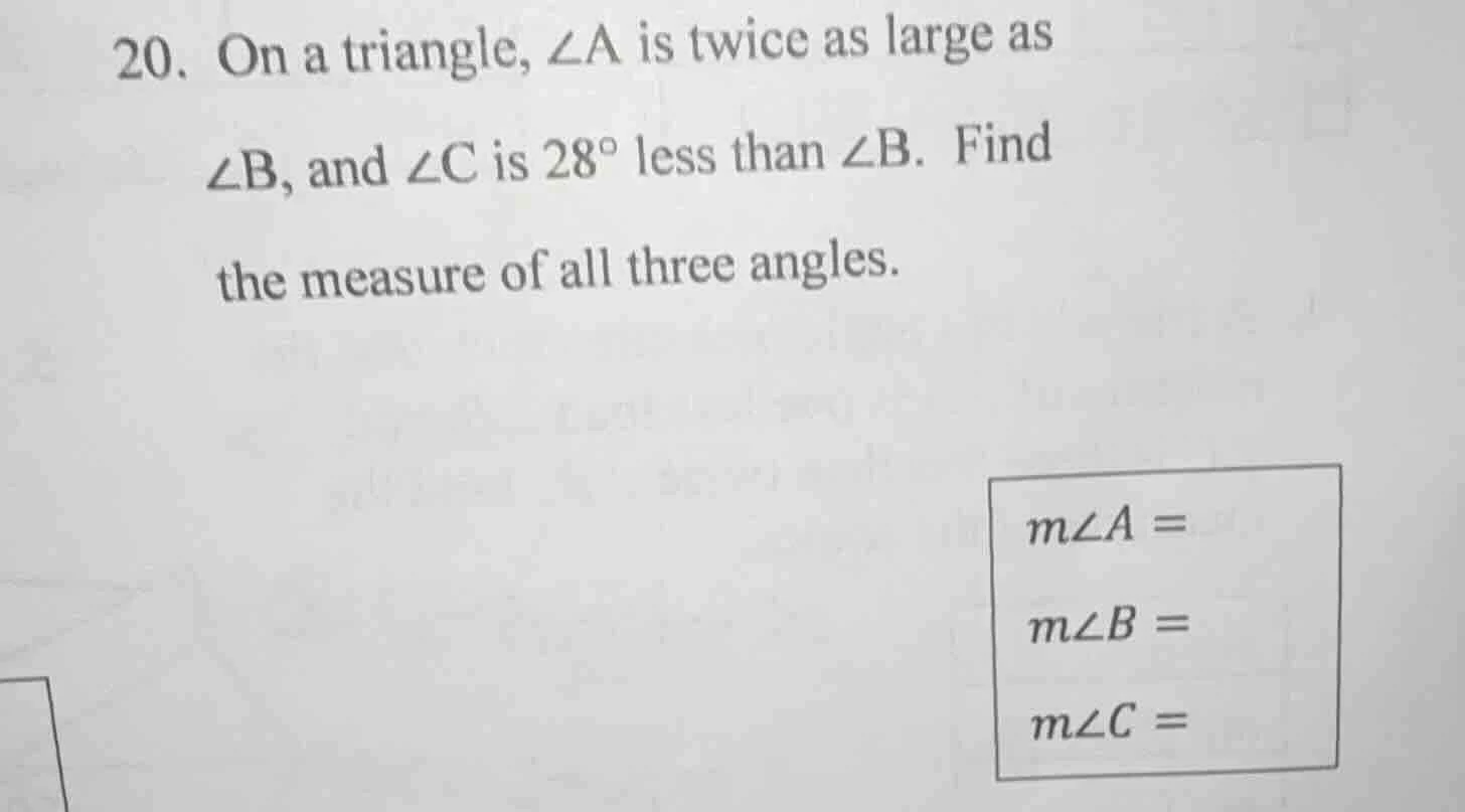 20. on a triangle, $\\angle a$ is twice as large as $\\angle b$, and $\…