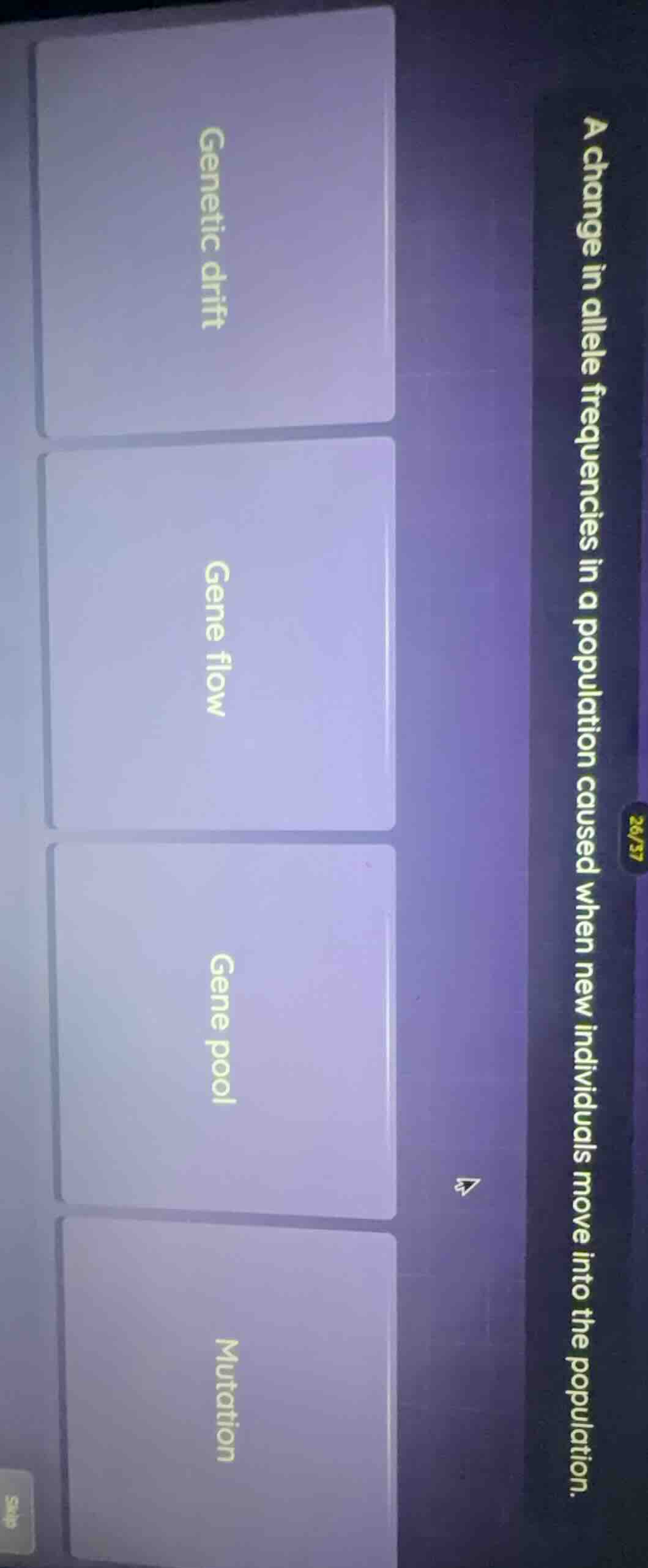 a change in allele frequencies in a population caused when new individu…