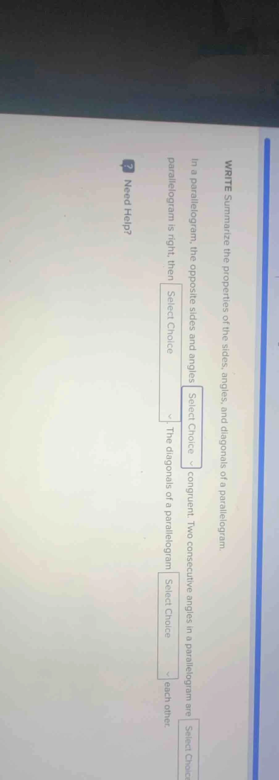 write summarize the properties of the sides, angles, and diagonals of a…