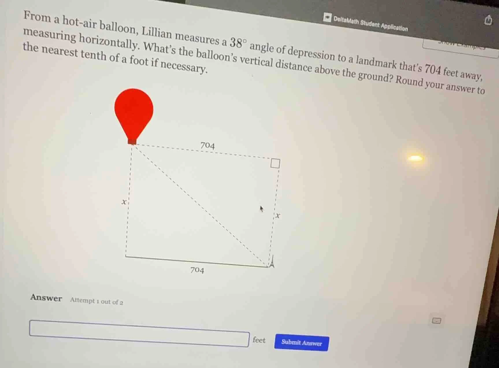 from a hot - air balloon, lillian measures a $38^{circ}$ angle of depre…