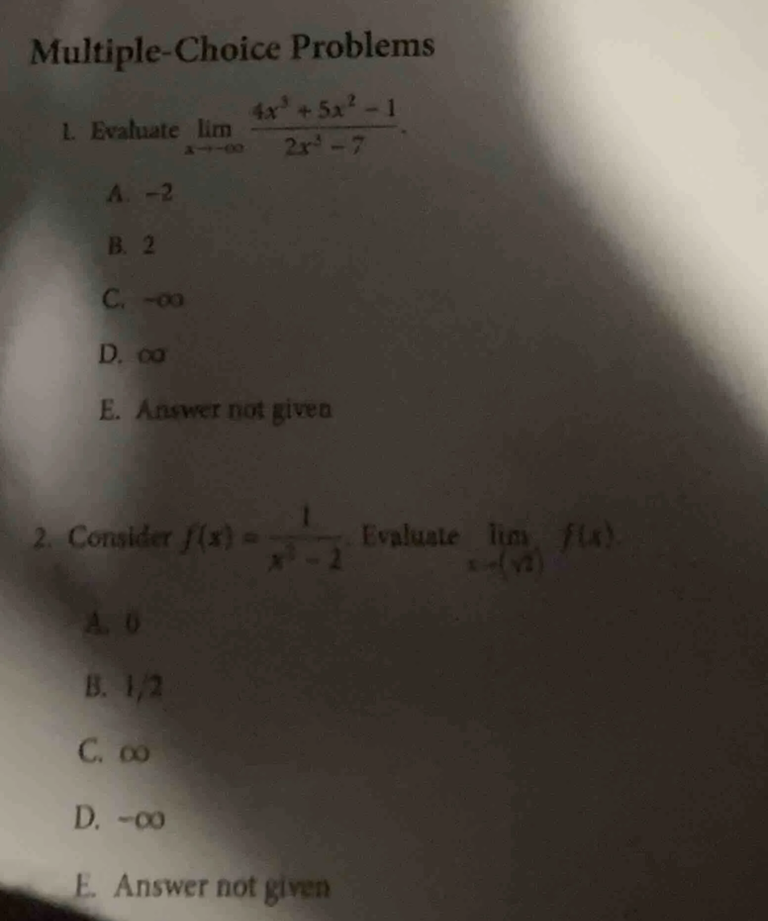 multiple-choice problems 1. evaluate \\(\\lim\\limits_{x\\to -\\infty} …