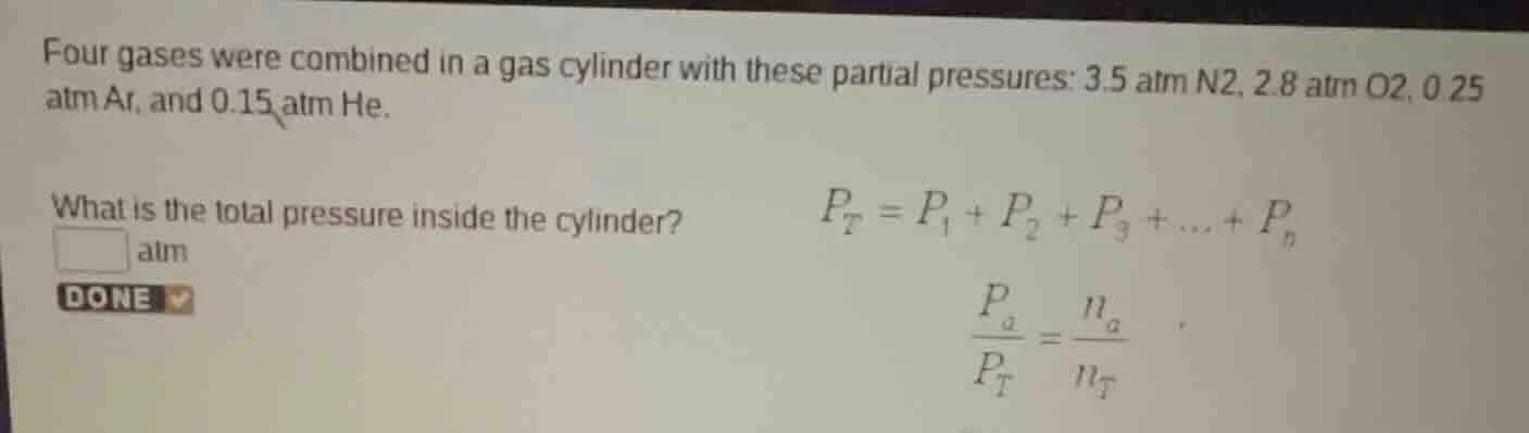 four gases were combined in a gas cylinder with these partial pressures…