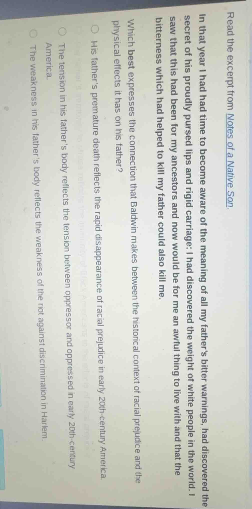 read the excerpt from notes of a native son. in that year i had had tim…