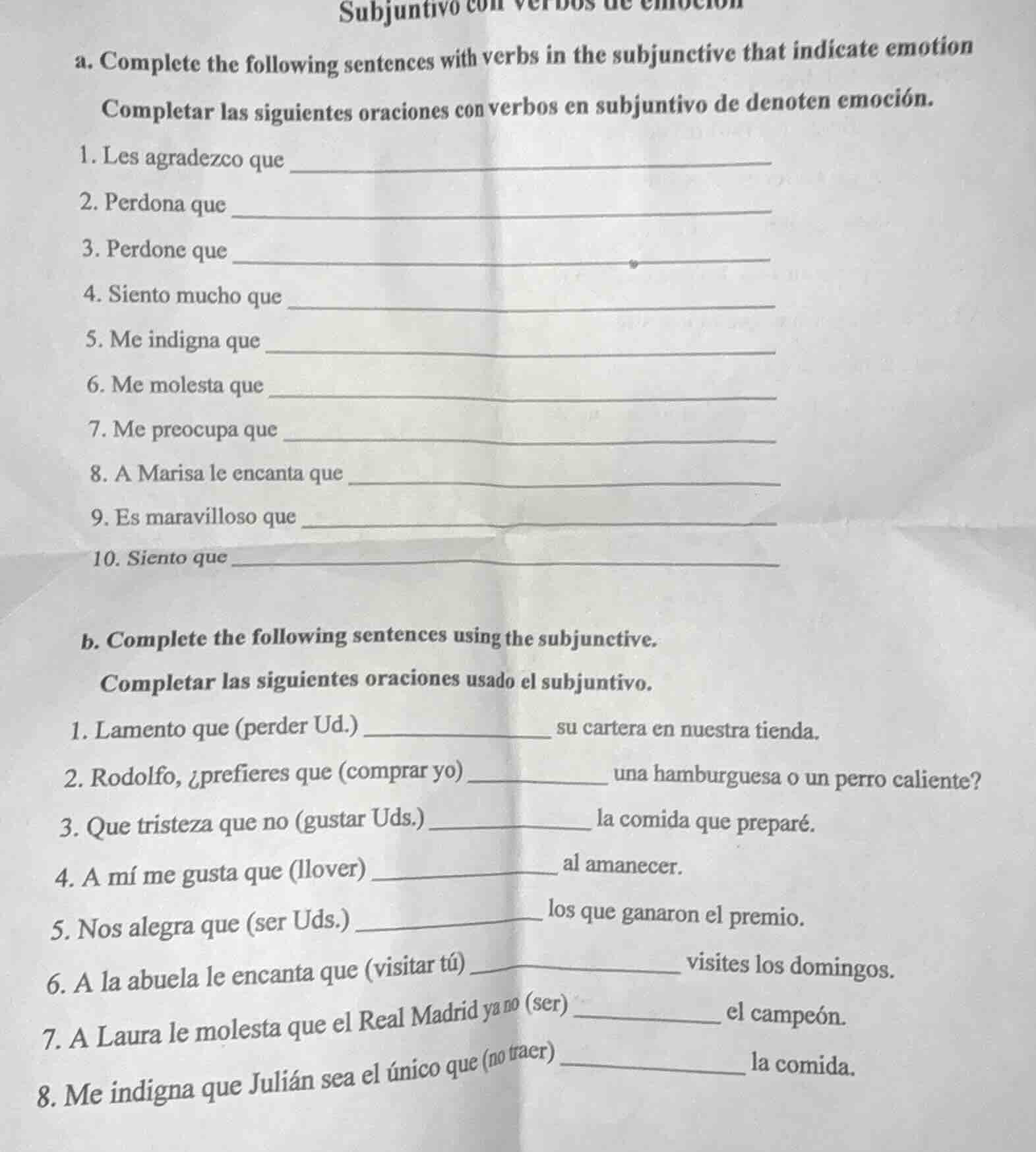 subjuntivo con verbos de emoción a. complete the following sentences wi…