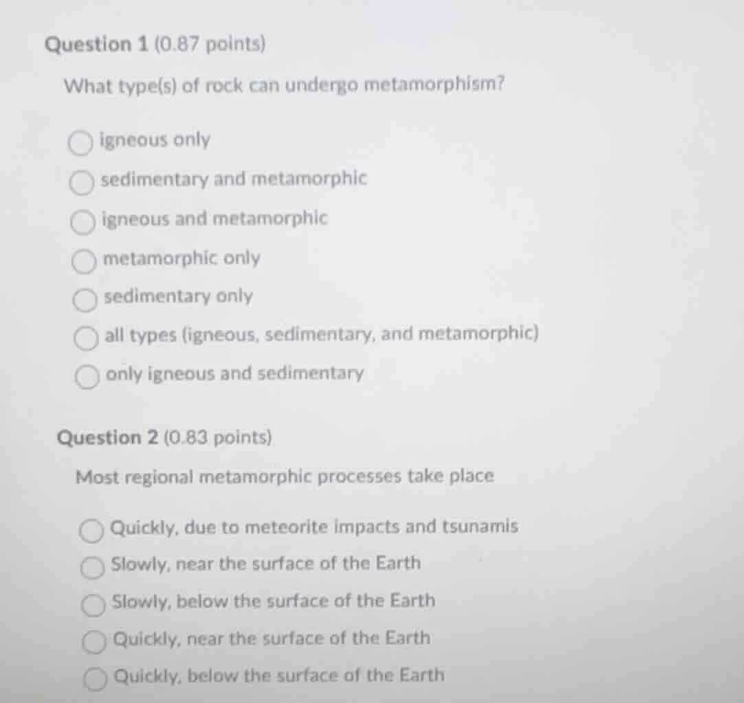 question 1 (0.87 points) what type(s) of rock can undergo metamorphism?…