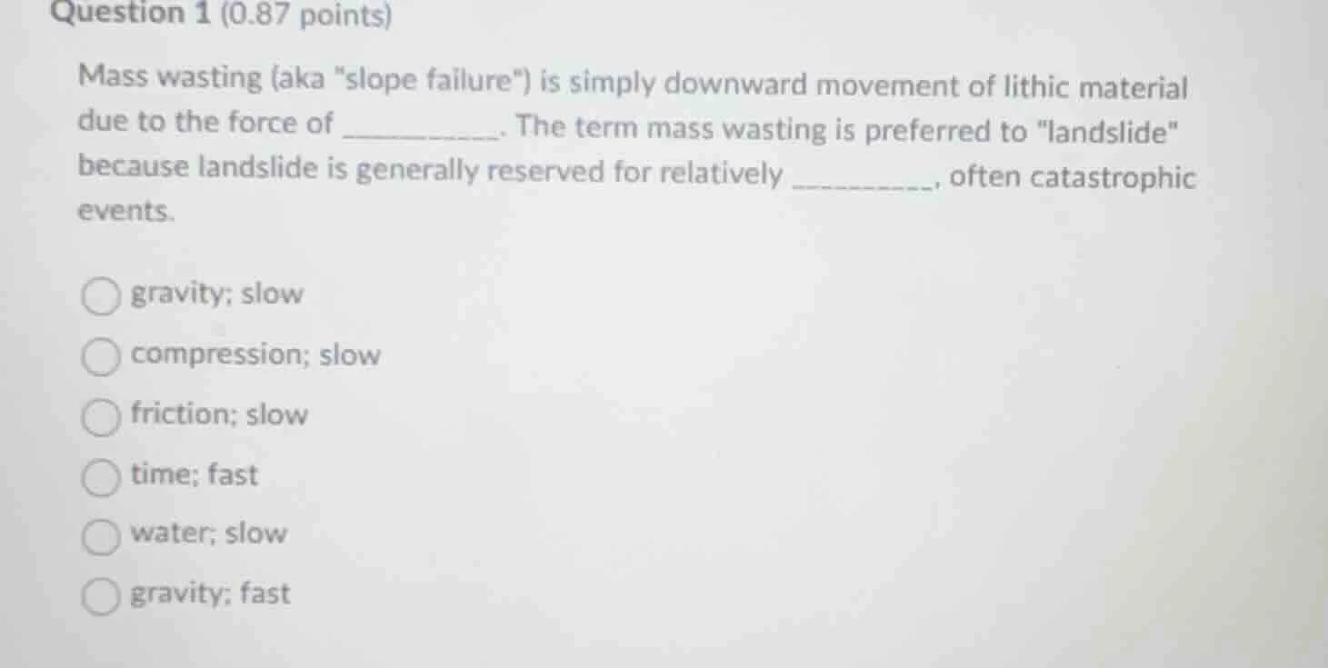 question 1 (0.87 points) mass wasting (aka \slope failure\) is simply d…