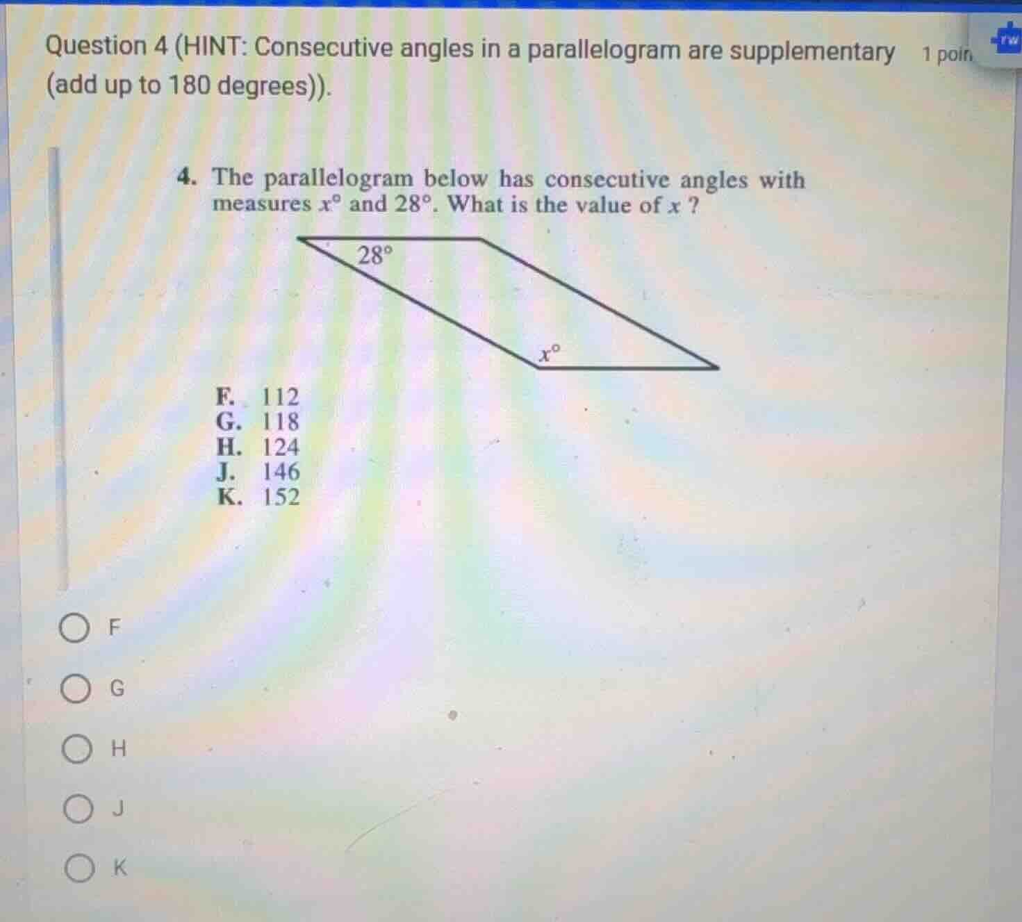 question 4 (hint: consecutive angles in a parallelogram are supplementa…