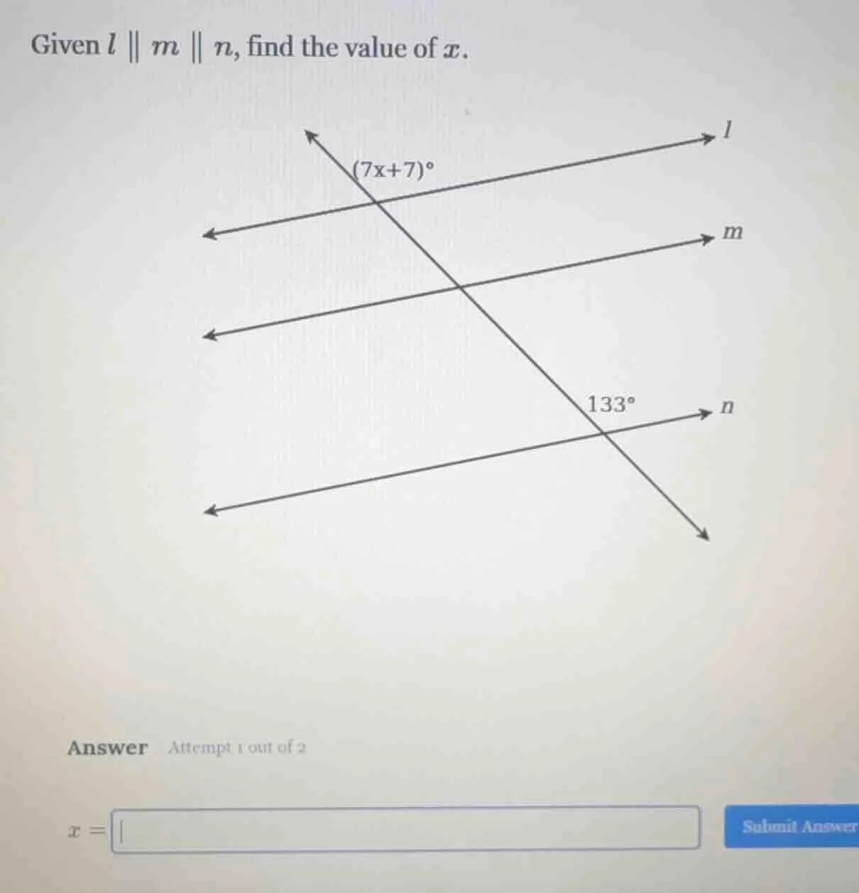 given ( l parallel m parallel n ), find the value of ( x ).