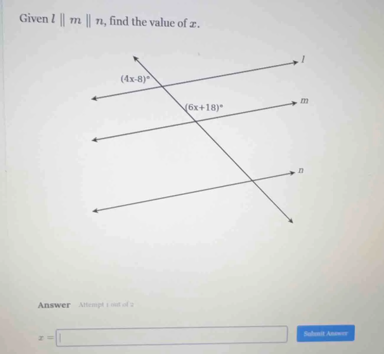 given ( l parallel m parallel n ), find the value of ( x ).