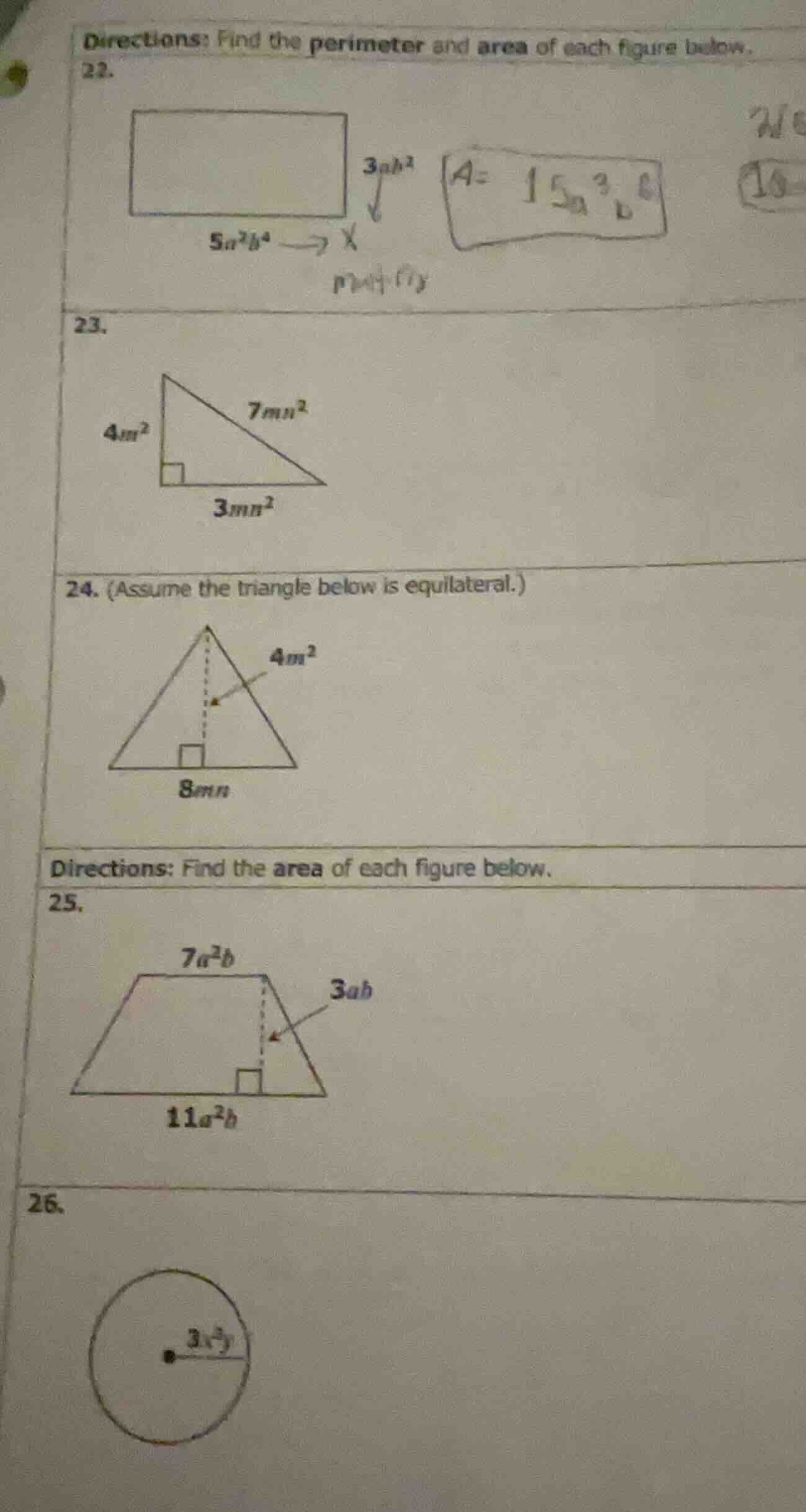 directions: find the perimeter and area of each figure below. 22. 23. 2…
