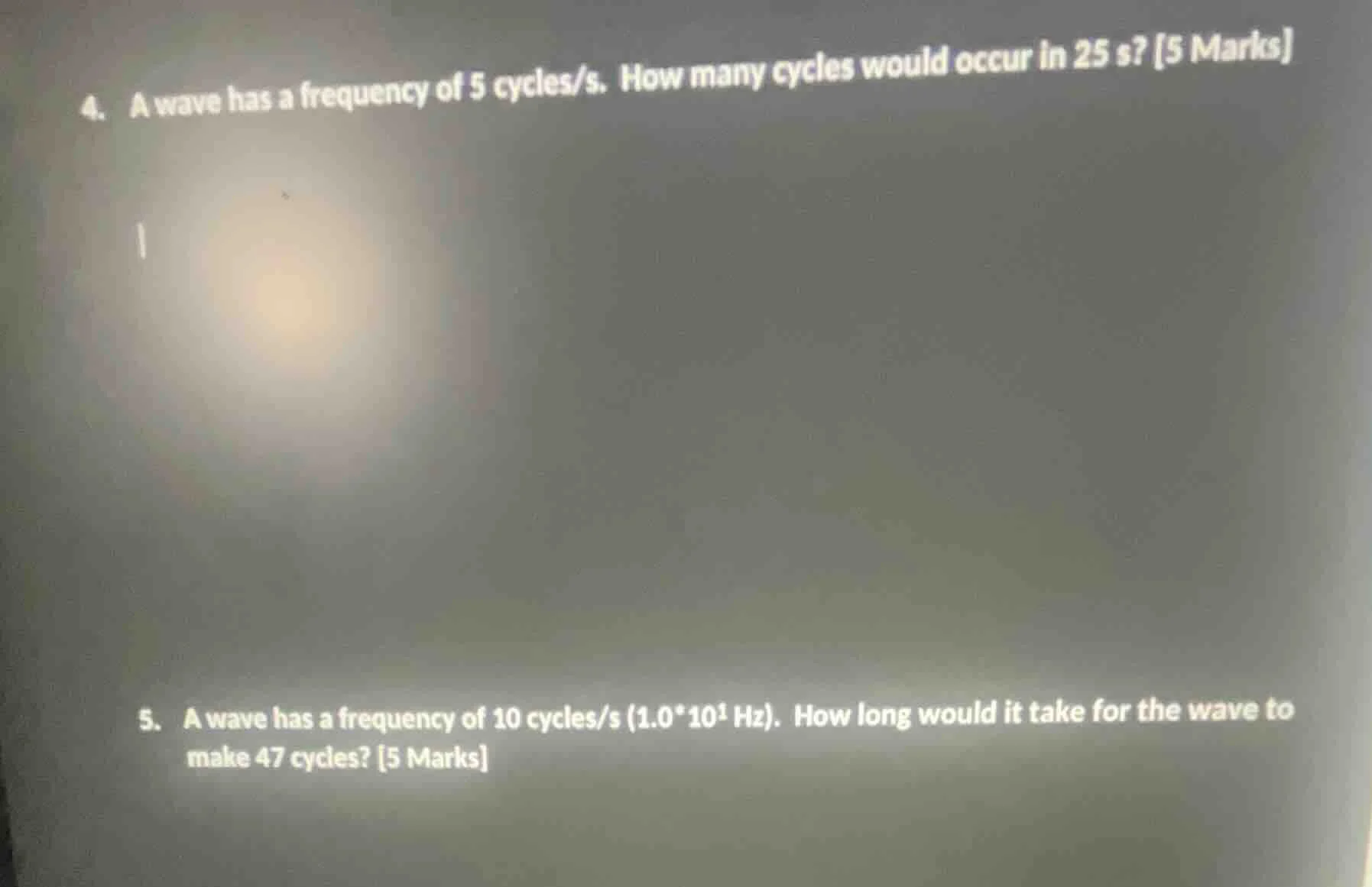 4. a wave has a frequency of 5 cycles/s. how many cycles would occur in…
