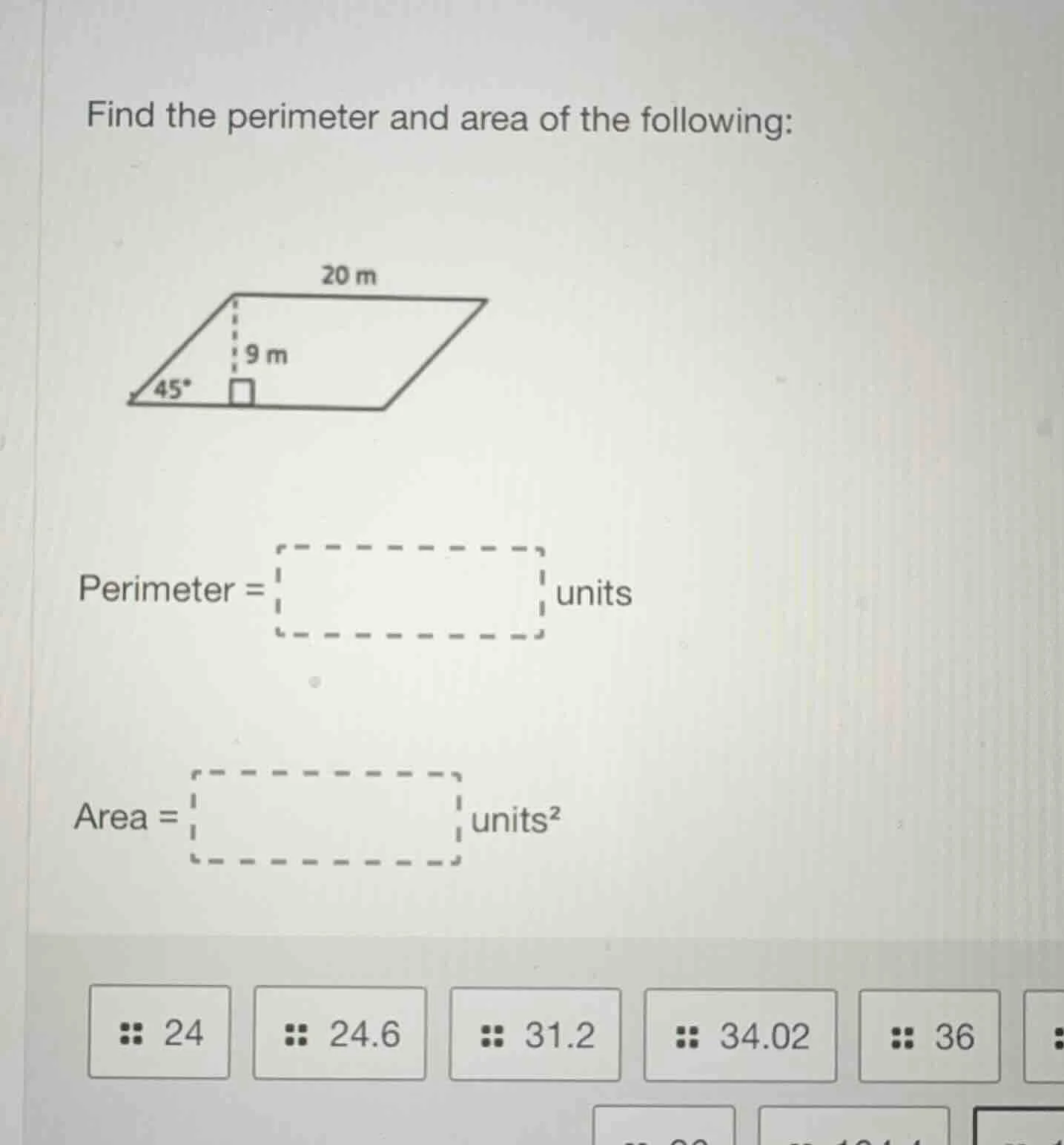 find the perimeter and area of the following: image of a parallelogram …