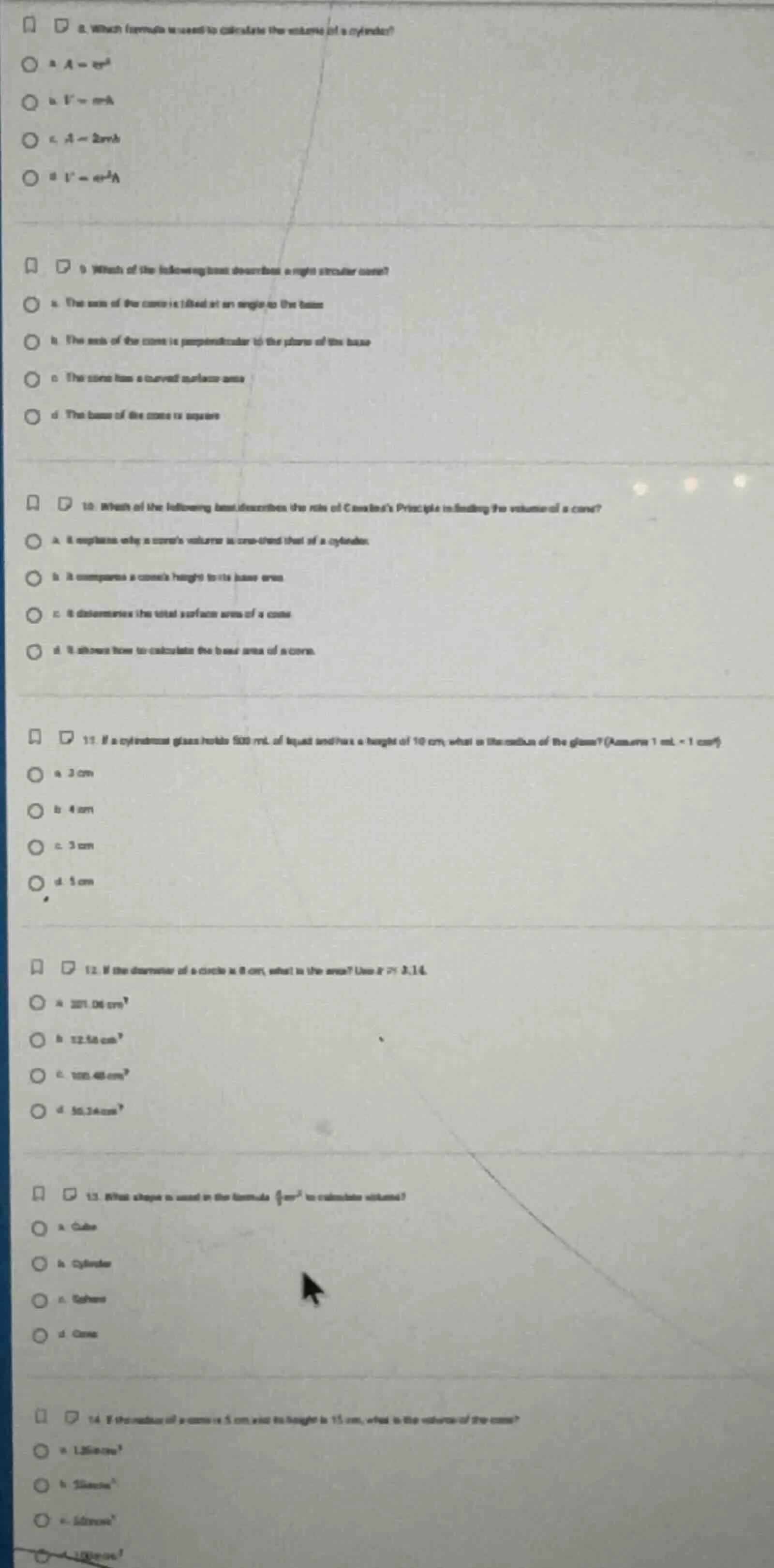 8. which formula is used to calculate the volume of a cylinder? a. $a =…