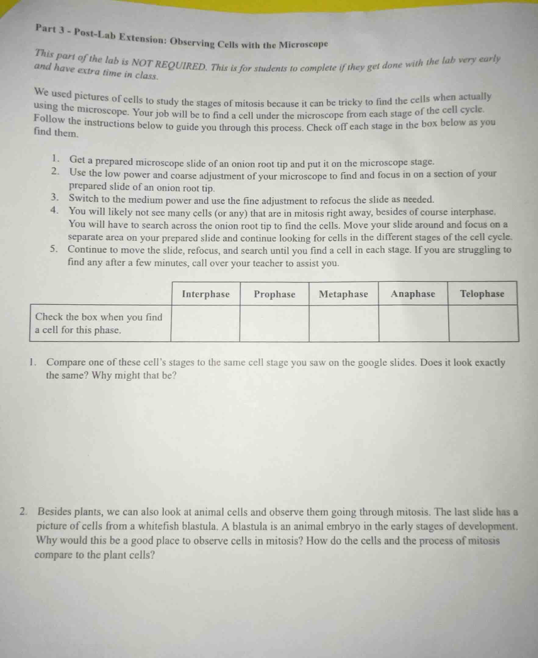 part 3 - post-lab extension: observing cells with the microscope this p…