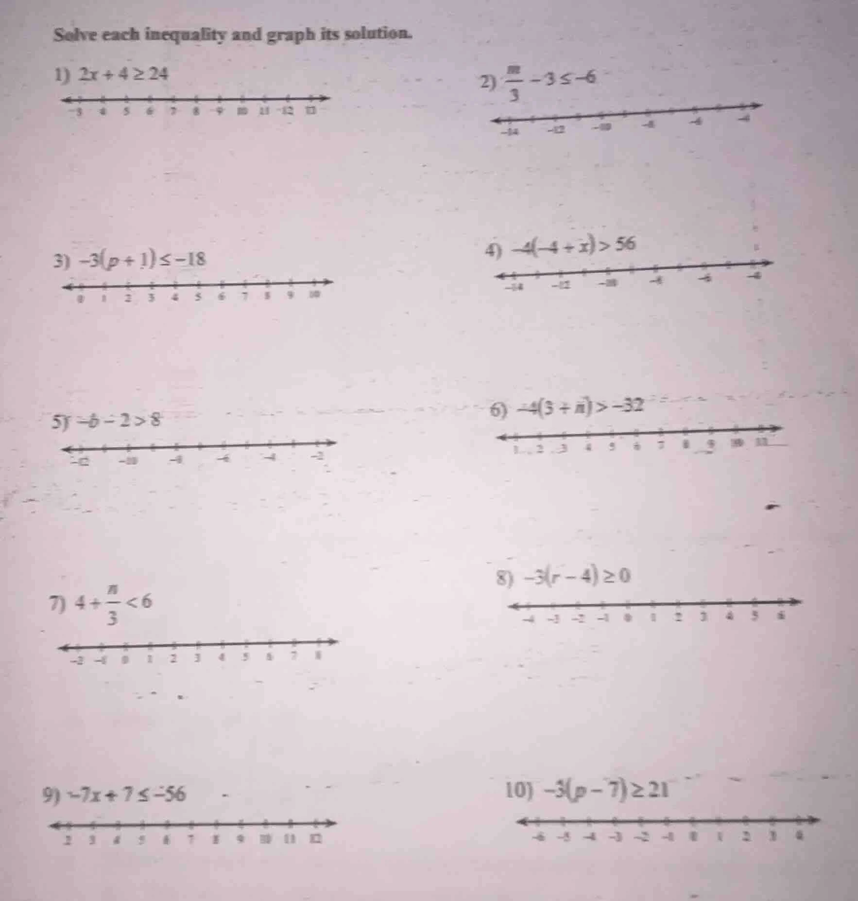 solve each inequality and graph its solution. 1) $2x + 4 \\geq 24$ 2) $…