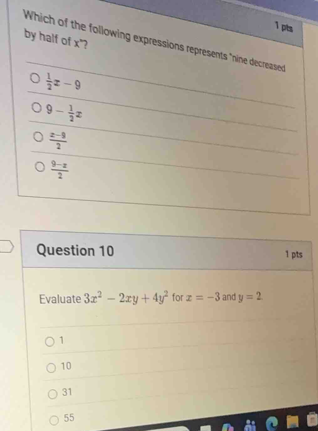 which of the following expressions represents nine decreased by half of…