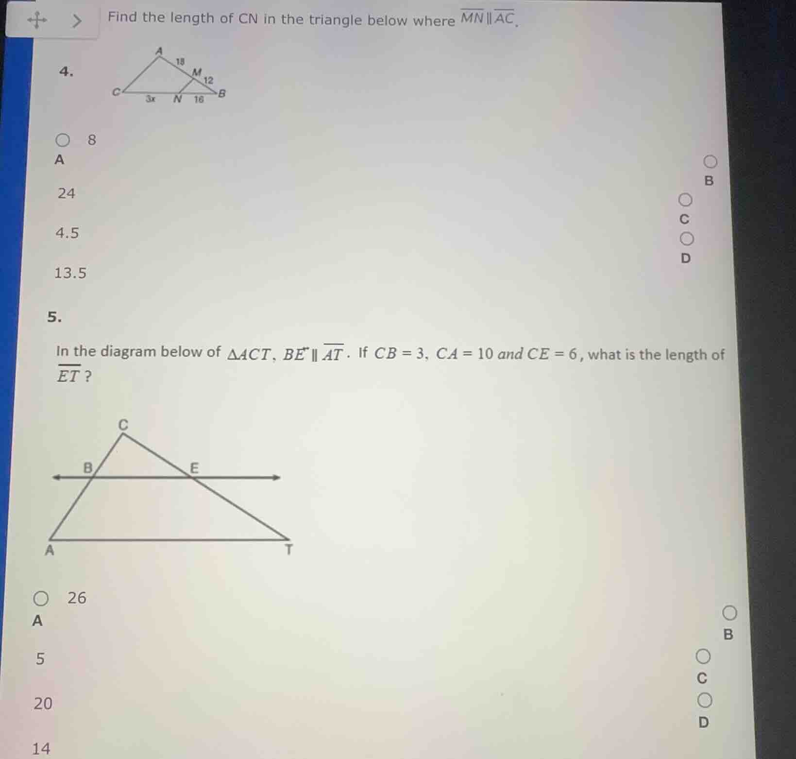 find the length of cn in the triangle below where \\(\\overline{mn}\\pa…