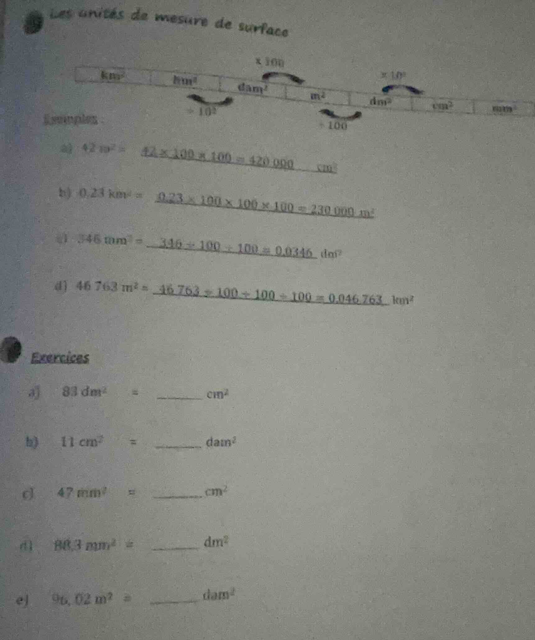 les unités de mesure de surface exemples : a) $42\\,\\mathrm{m}^2 = 42 …