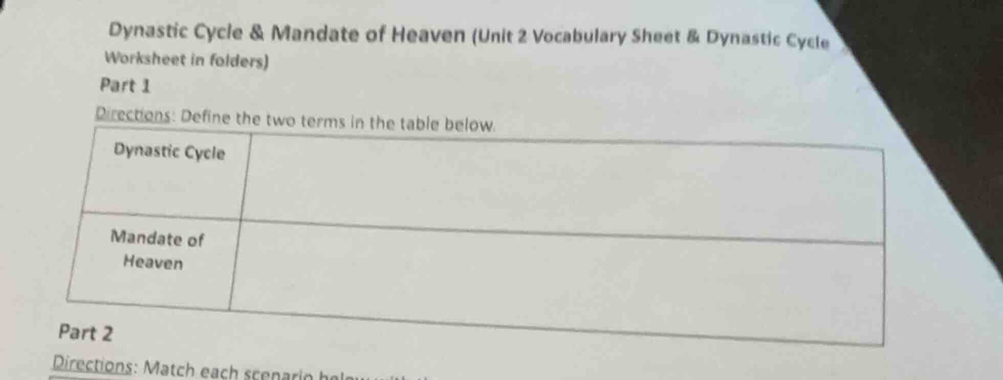 dynastic cycle & mandate of heaven (unit 2 vocabulary sheet & dynastic …