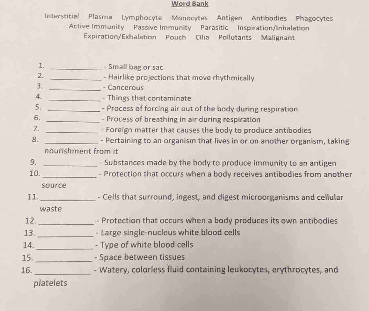 word bank interstitial plasma lymphocyte monocytes antigen antibodies p…