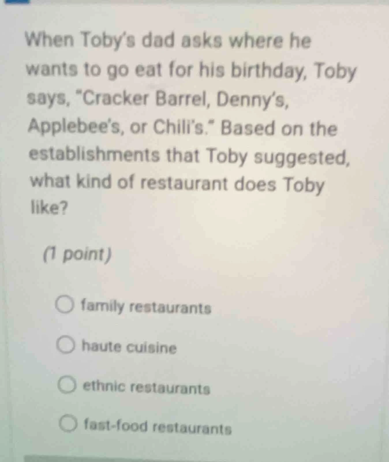 when toby’s dad asks where he wants to go eat for his birthday, toby sa…