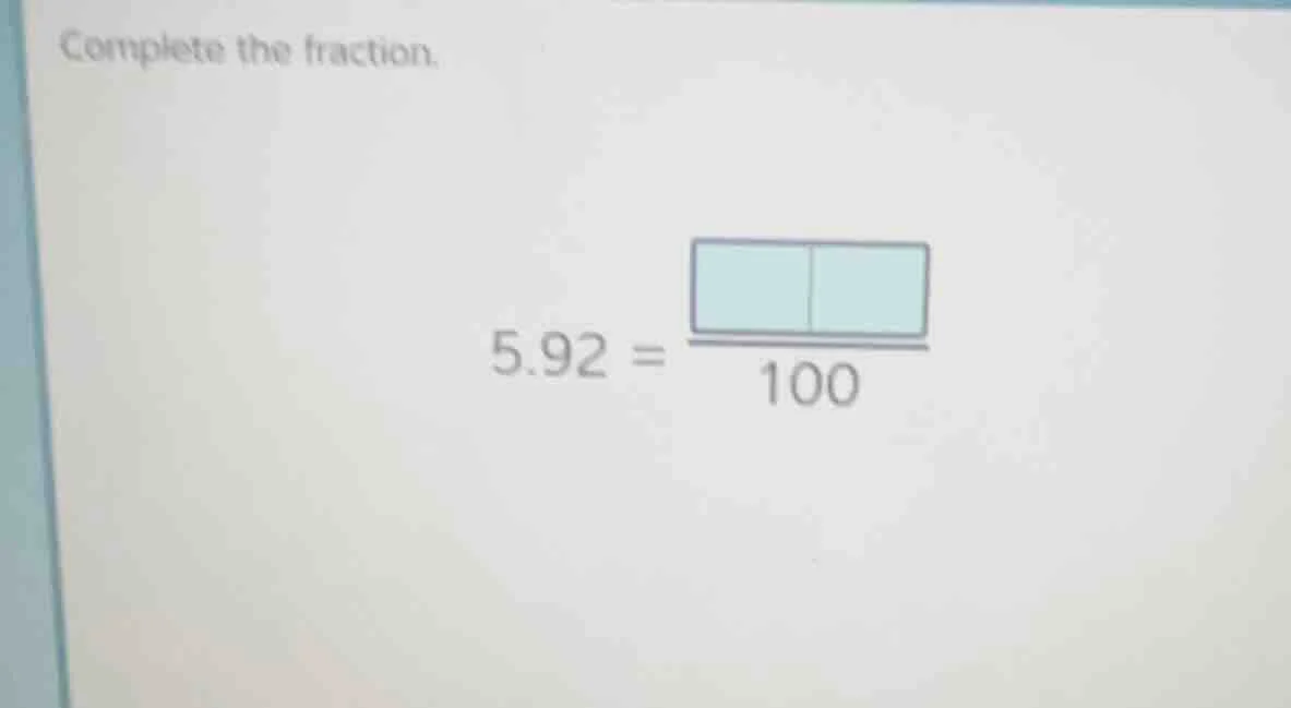 complete the fraction. 5.92 = \\frac{\\boxed{\\quad}\\boxed{\\quad}}{10…