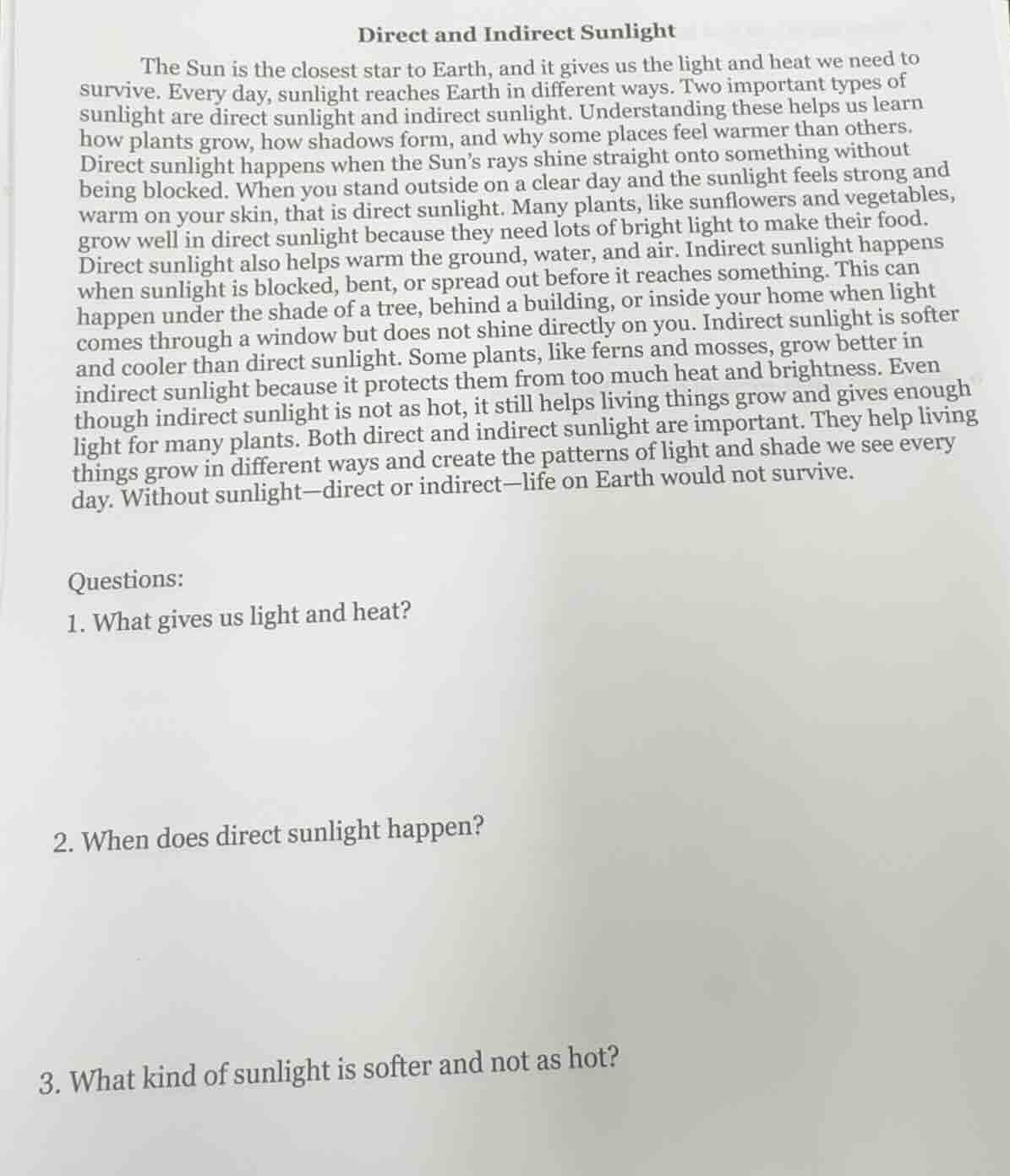 direct and indirect sunlight the sun is the closest star to earth, and …