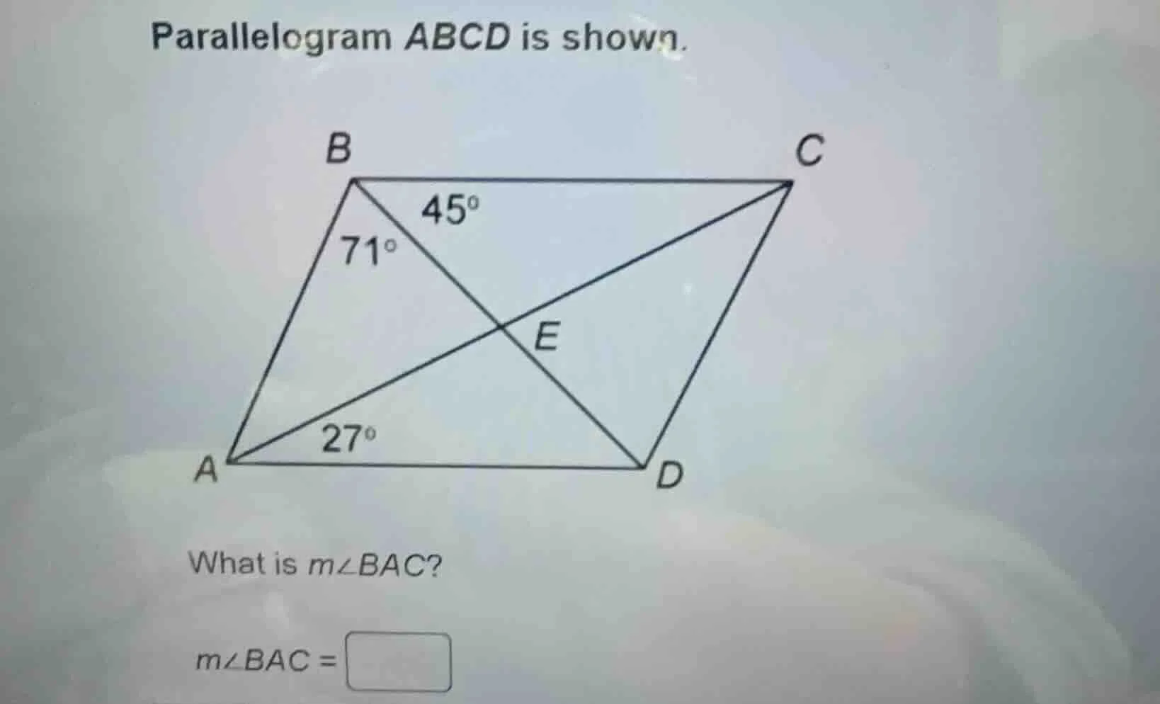 parallelogram abcd is shown. what is ( mangle bac )? ( mangle bac = squ…