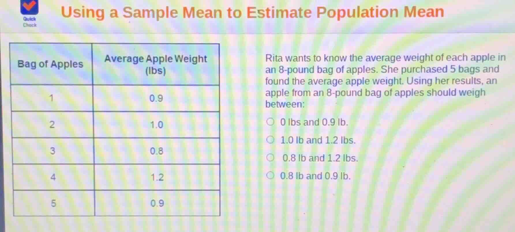 using a sample mean to estimate population mean bag of apples | average…