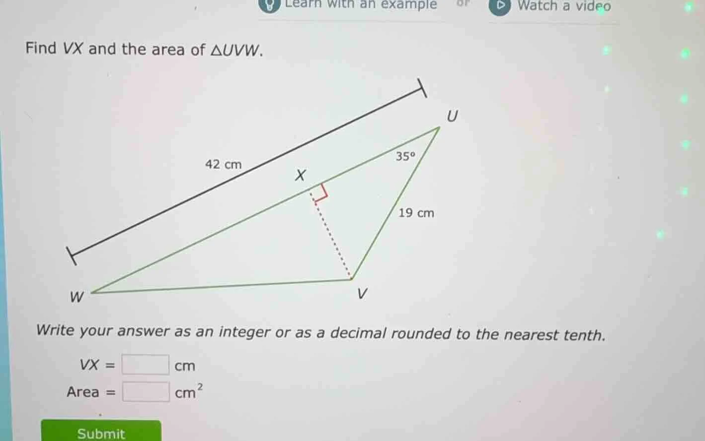 find vx and the area of $\\triangle uvw$. write your answer as an integ…