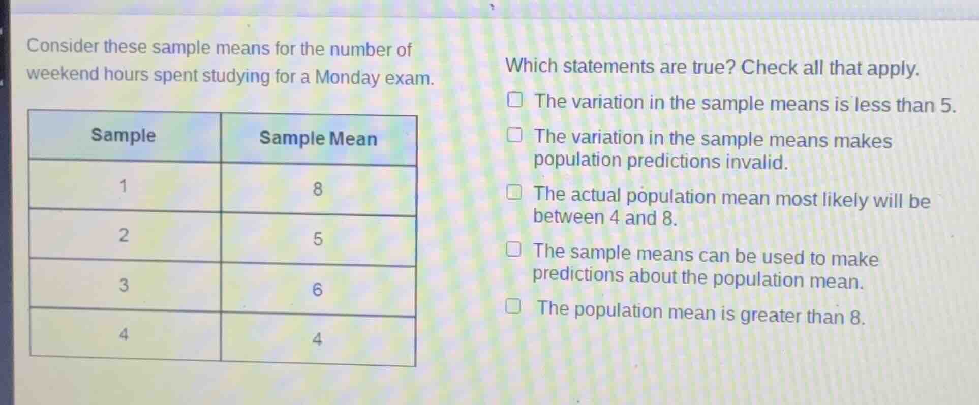 consider these sample means for the number of weekend hours spent study…