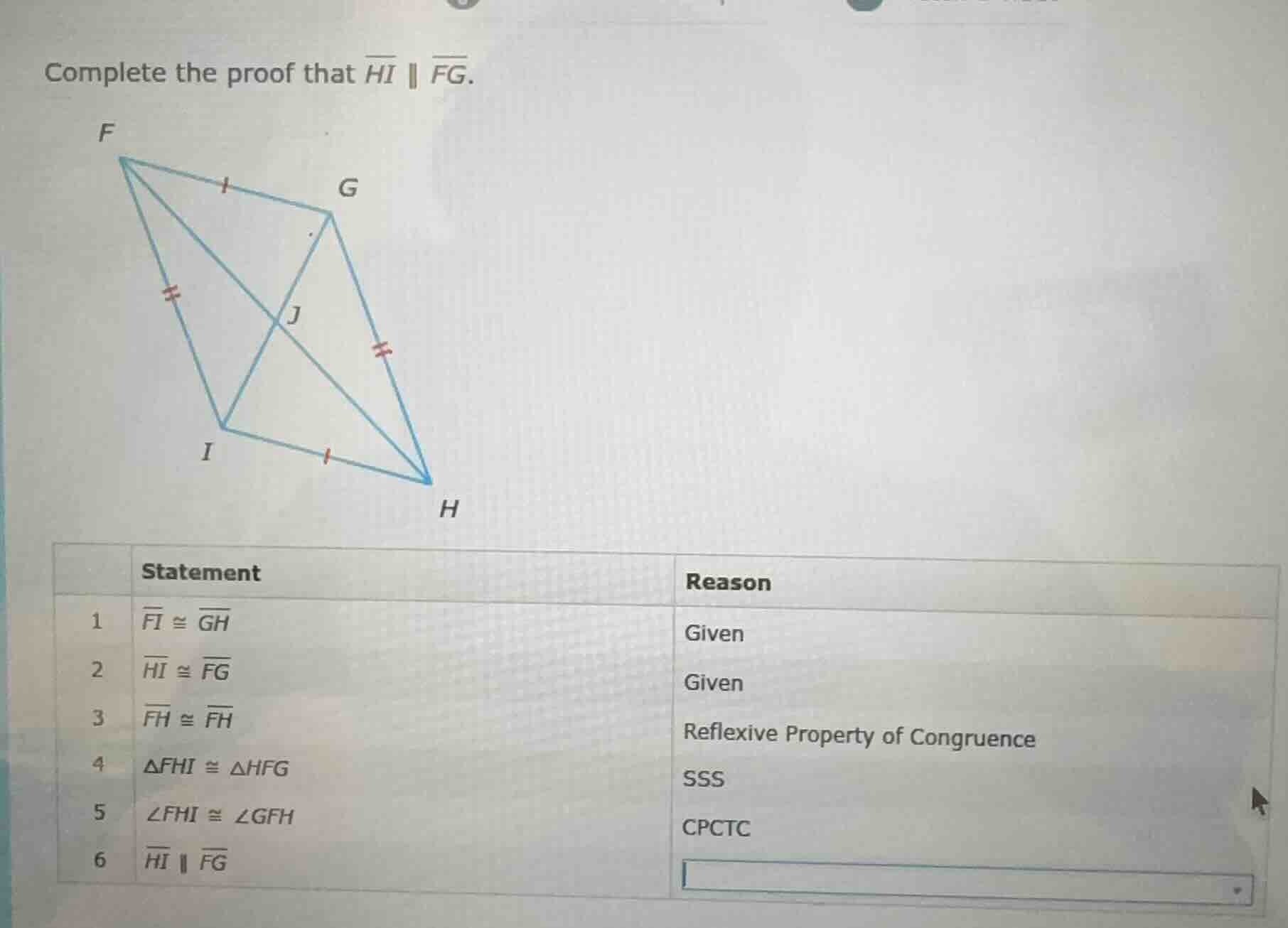 complete the proof that $overline{hi} parallel overline{fg}$. | | state…