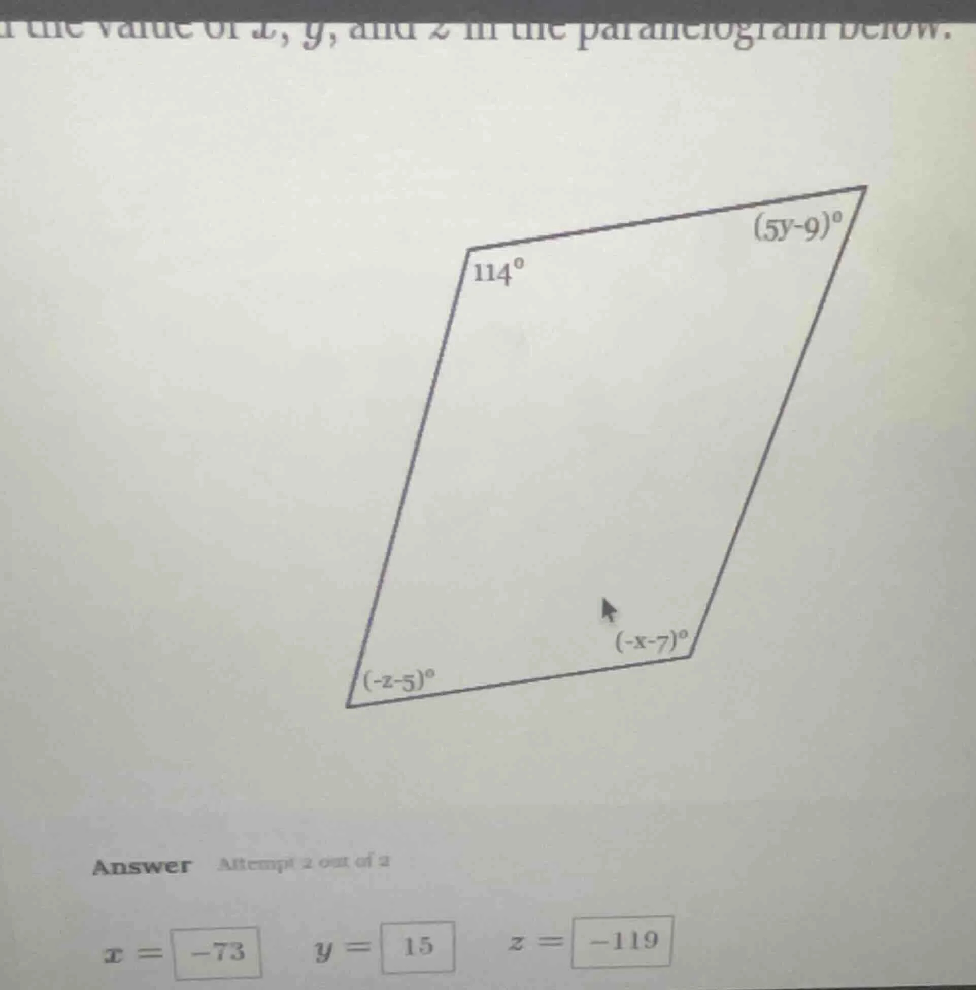 find the value of x, y, and z in the parallelogram below. answer attemp…