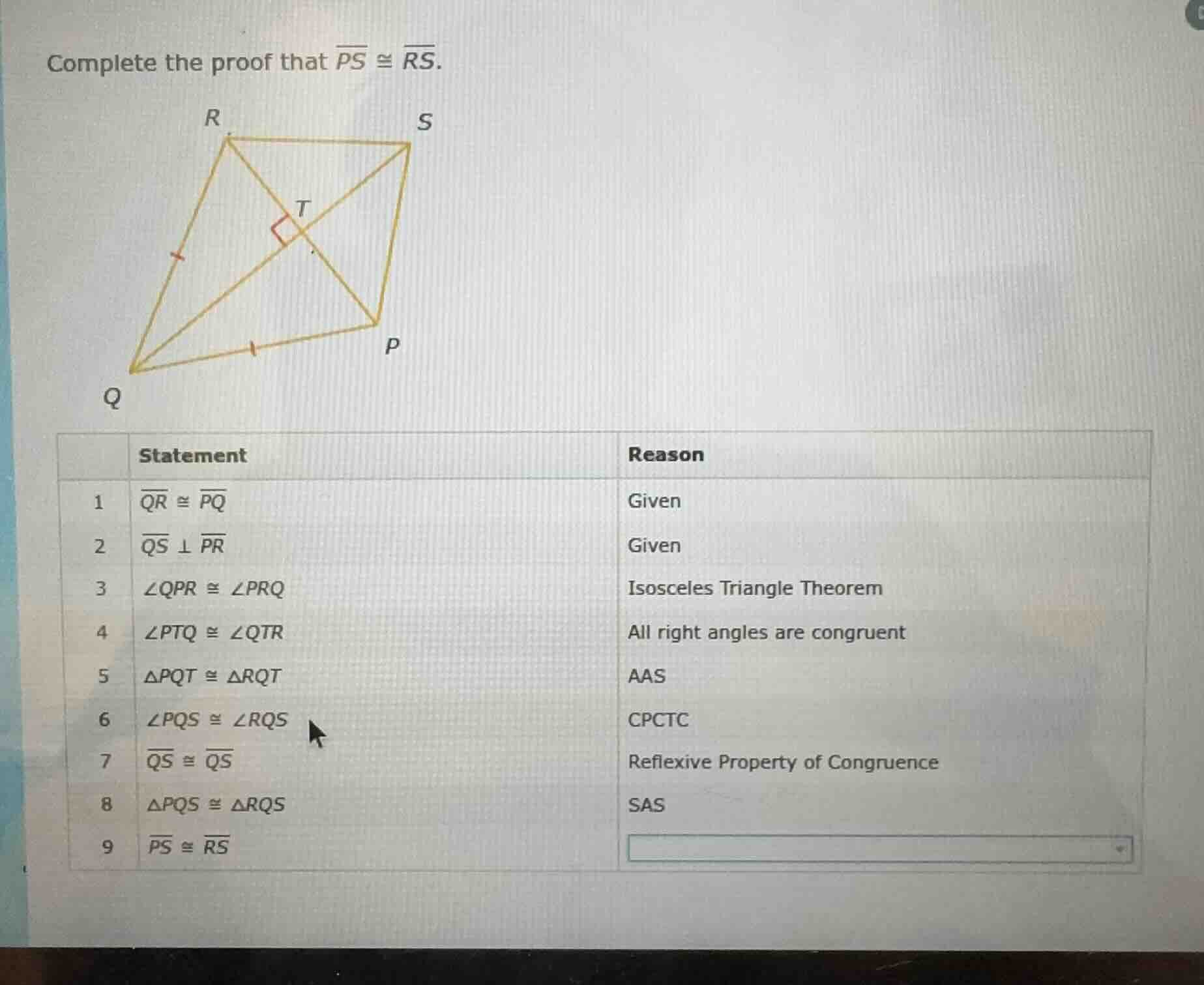complete the proof that \\(\\overline{ps} \\cong \\overline{rs}\\). | |…