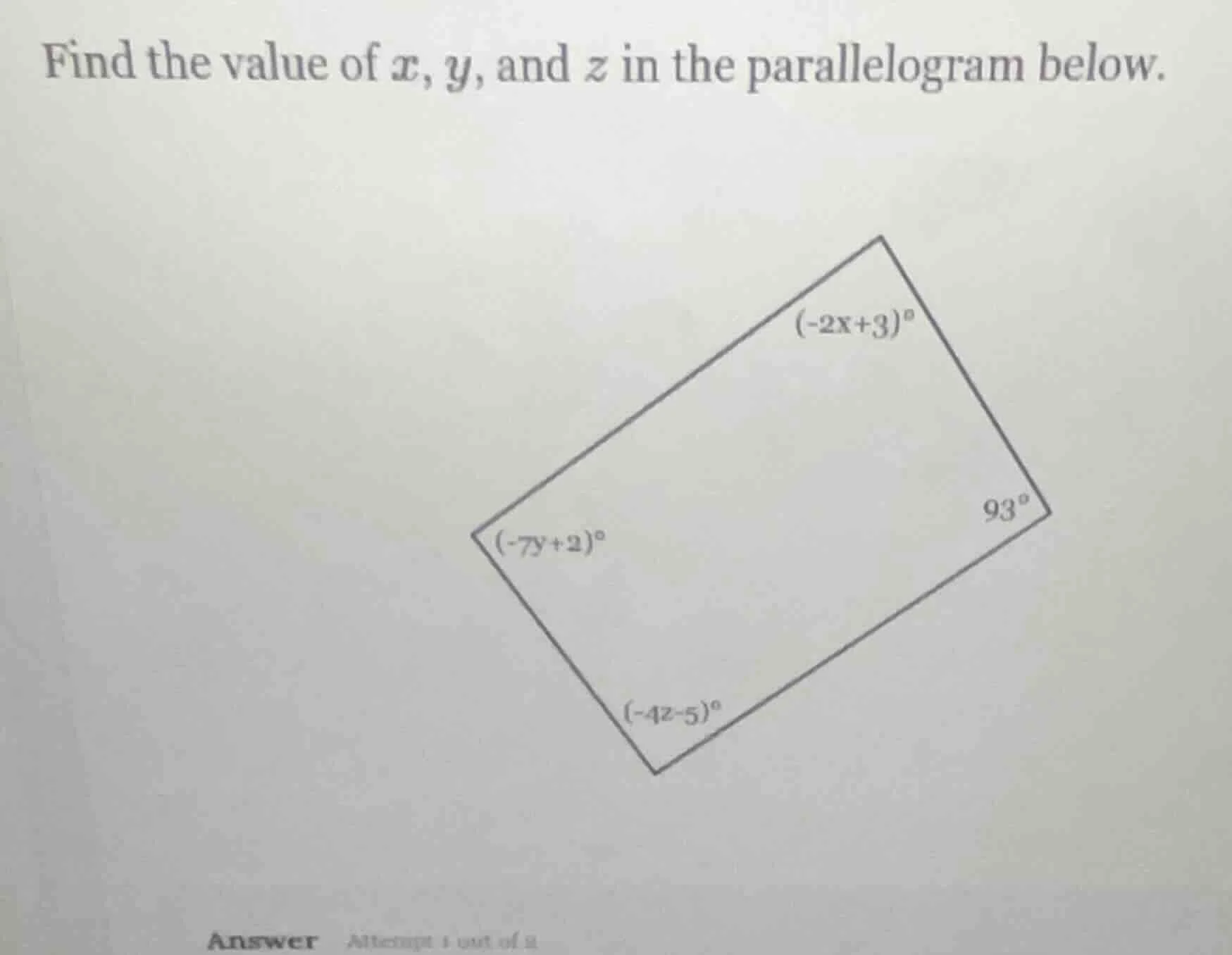 find the value of ( x ), ( y ), and ( z ) in the parallelogram below.