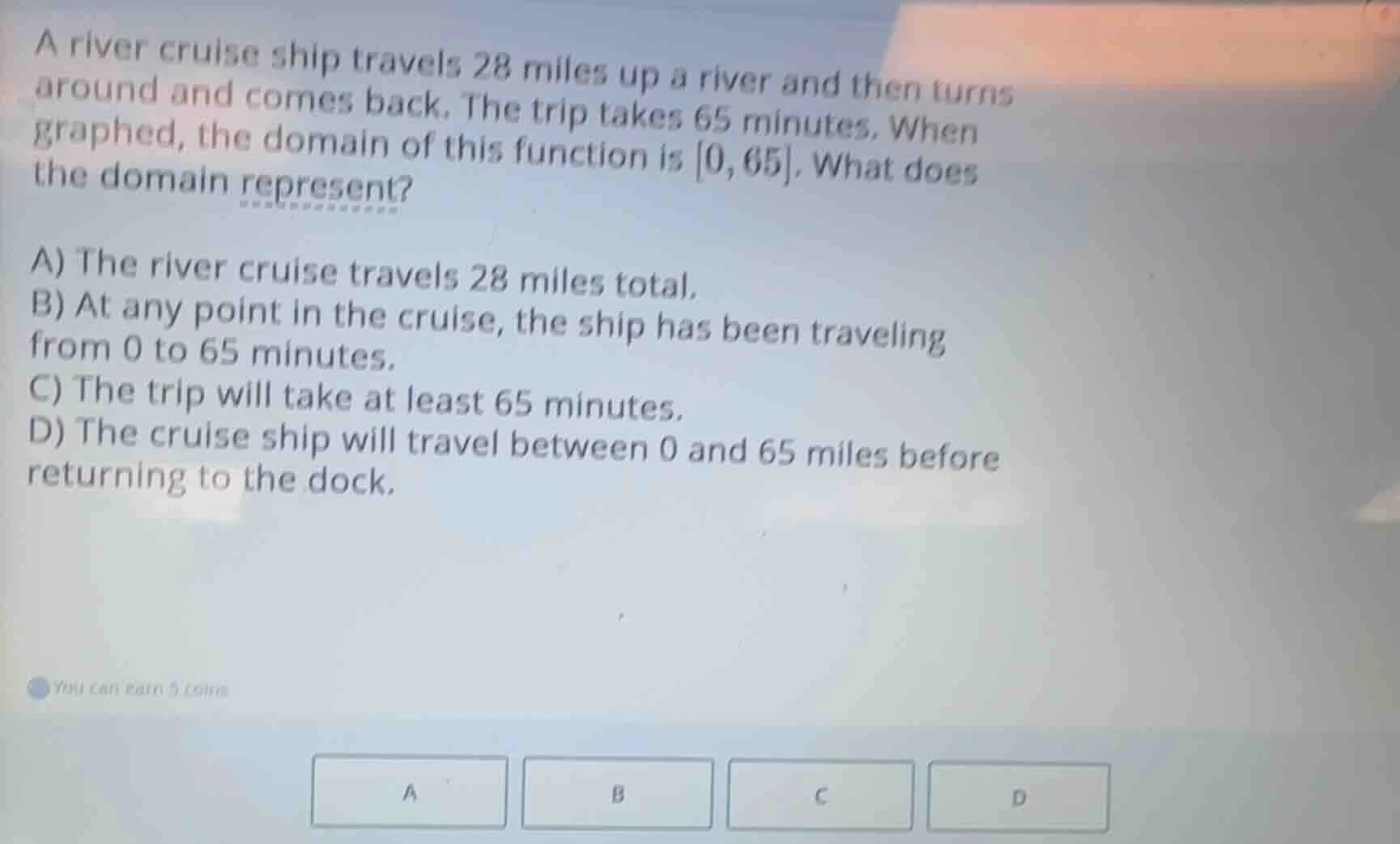 a river cruise ship travels 28 miles up a river and then turns around a…