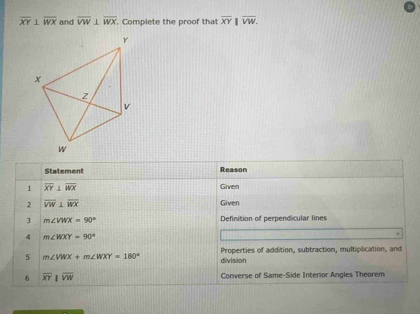 $overline{xy} perp overline{wx}$ and $overline{vw} perp overline{wx}$. …