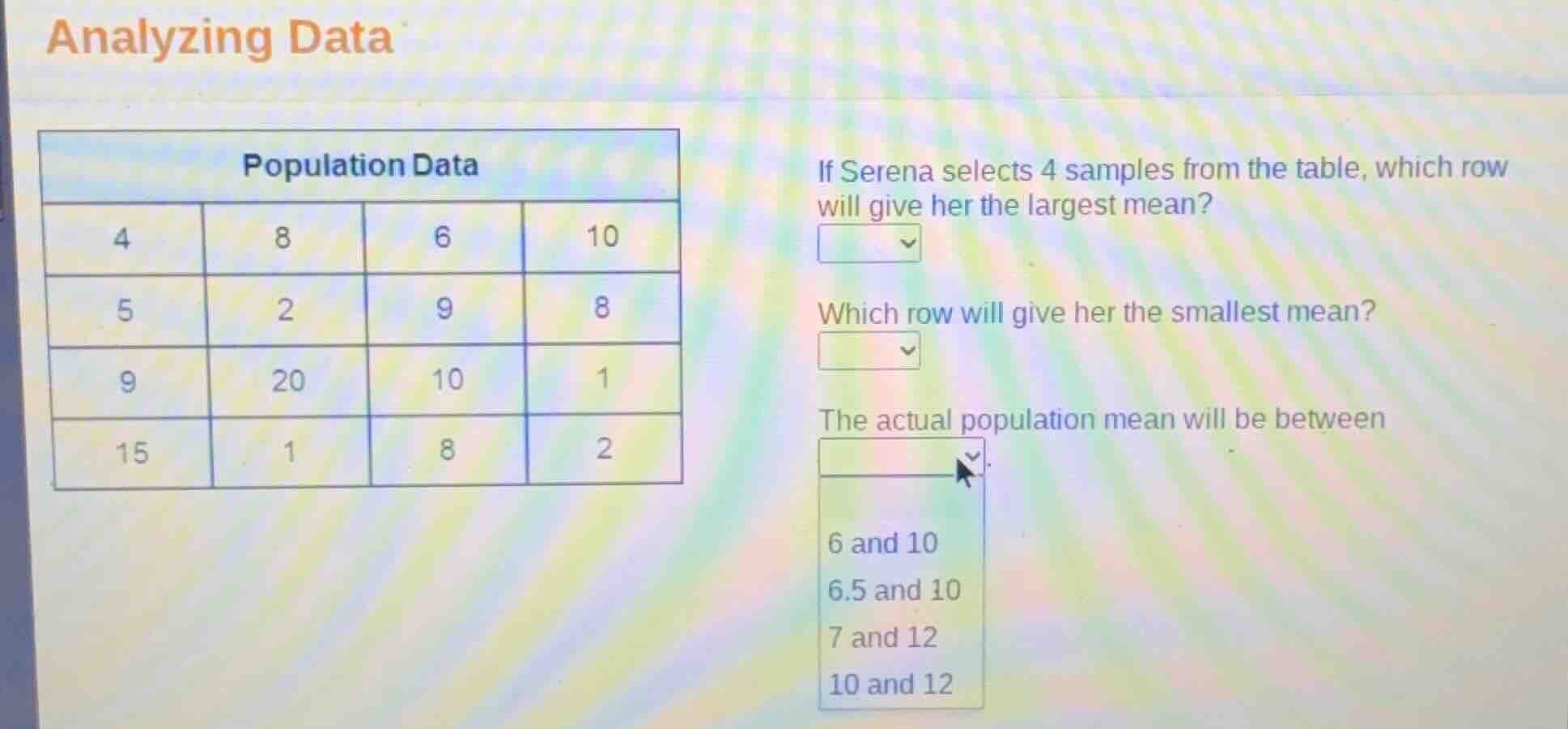 analyzing data population data 4 8 6 10 5 2 9 8 9 20 10 1 15 1 8 2 if s…