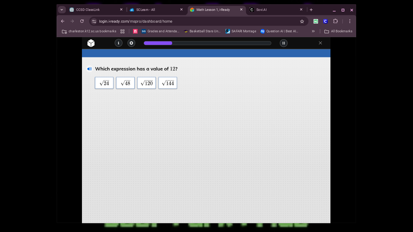 which expression has a value of 12? \\(sqrt{24}\\) \\(sqrt{48}\\) \\(sq…