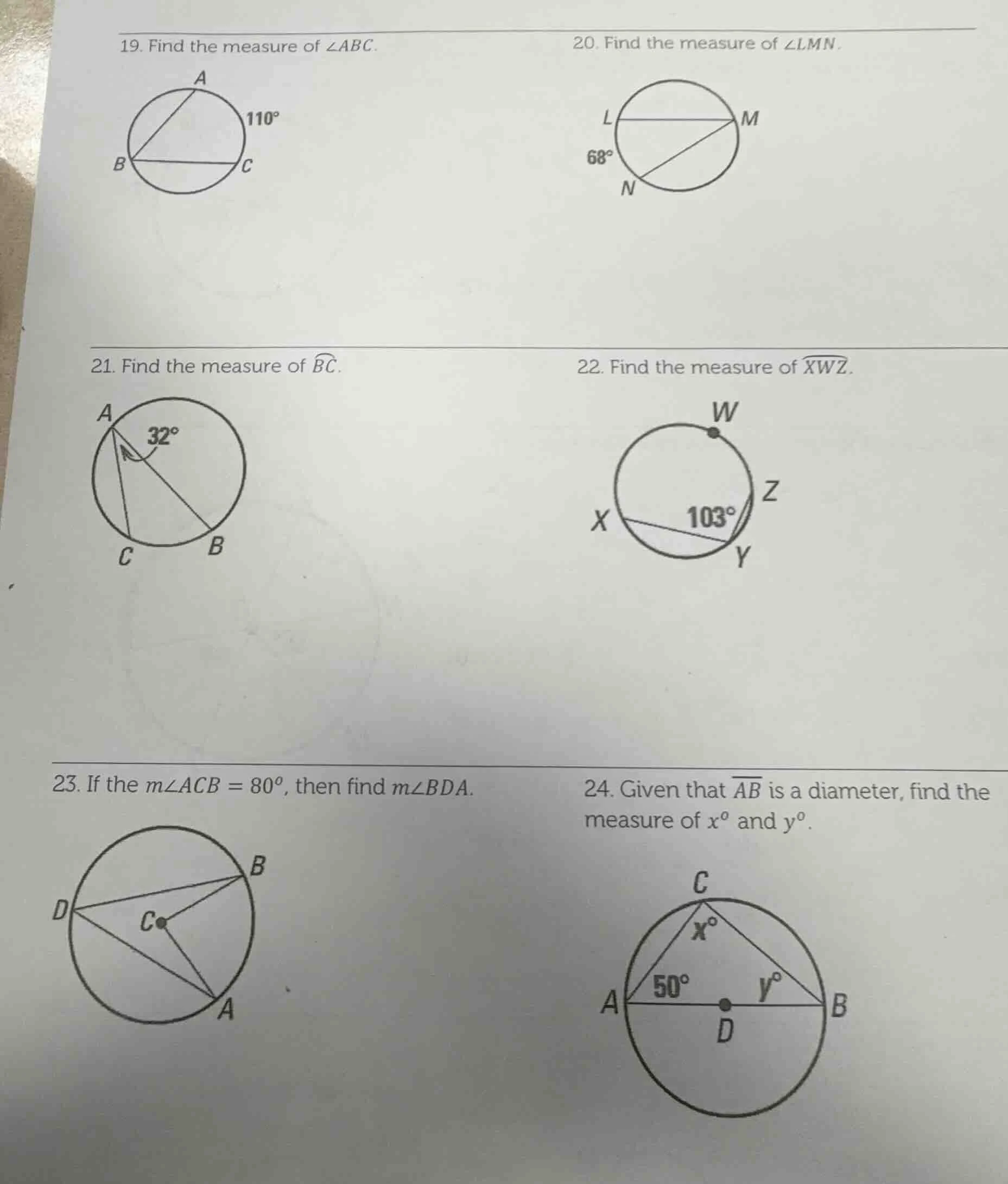 19. find the measure of $\\angle abc$. 20. find the measure of $\\angle…